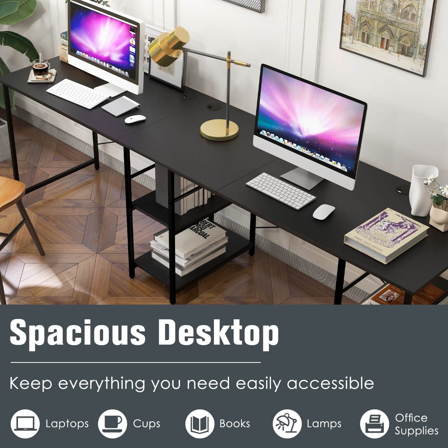 L Shaped Computer Desk with 4 Storage Shelves and Cable Holes, Black L-Shaped Desks   at Gallery Canada