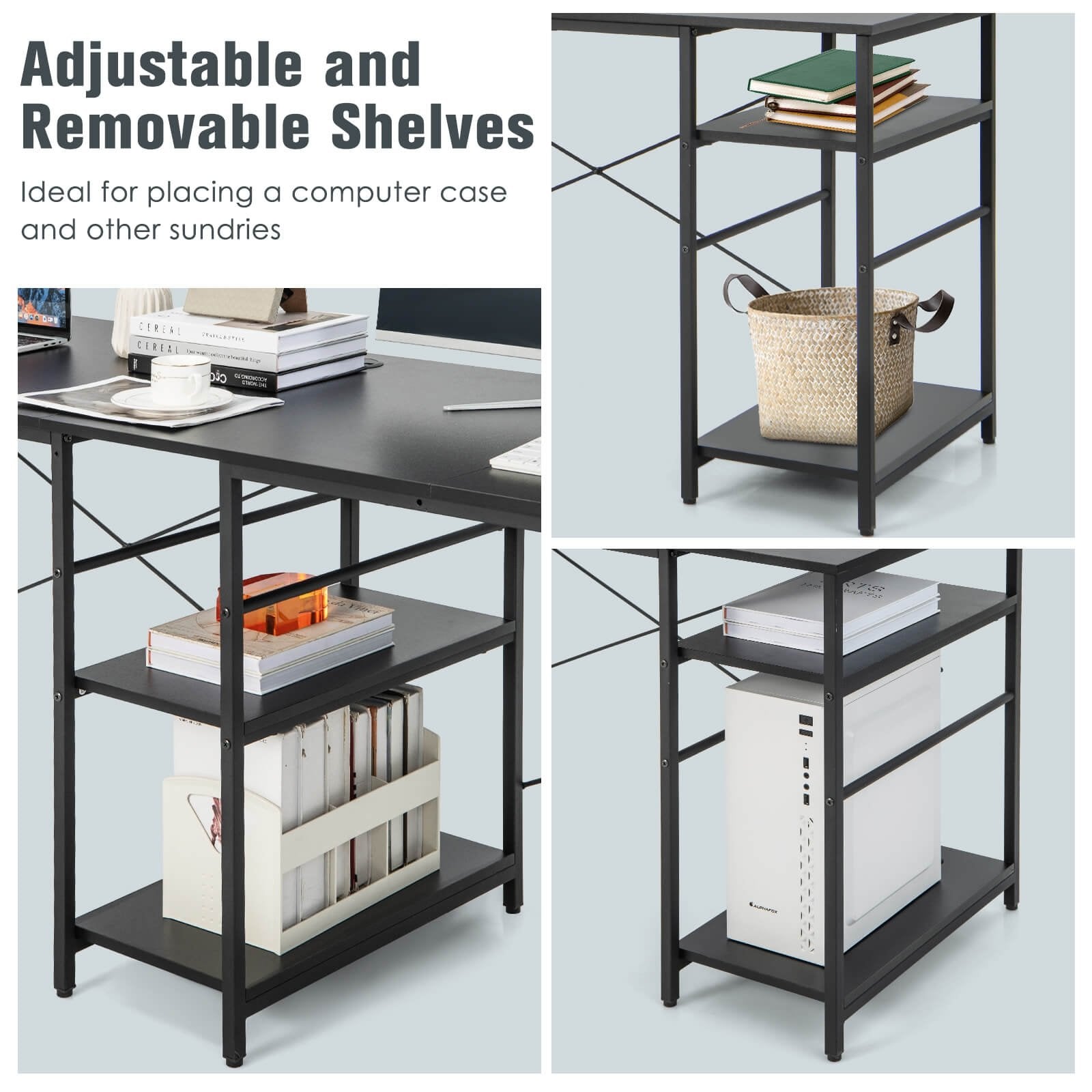 L Shaped Computer Desk with 4 Storage Shelves and Cable Holes, Black L-Shaped Desks   at Gallery Canada