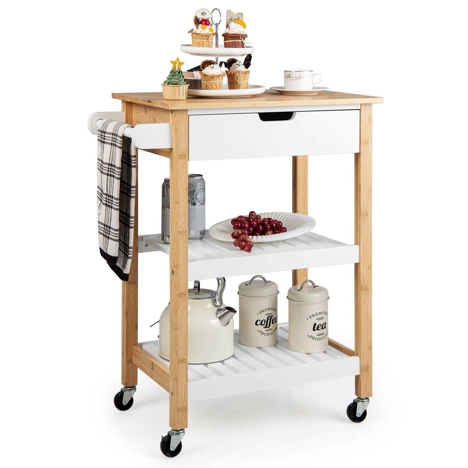 3-Tier Kitchen Island Cart Rolling Service Trolley with Bamboo Top, Natural Kitchen Islands & Carts   at Gallery Canada