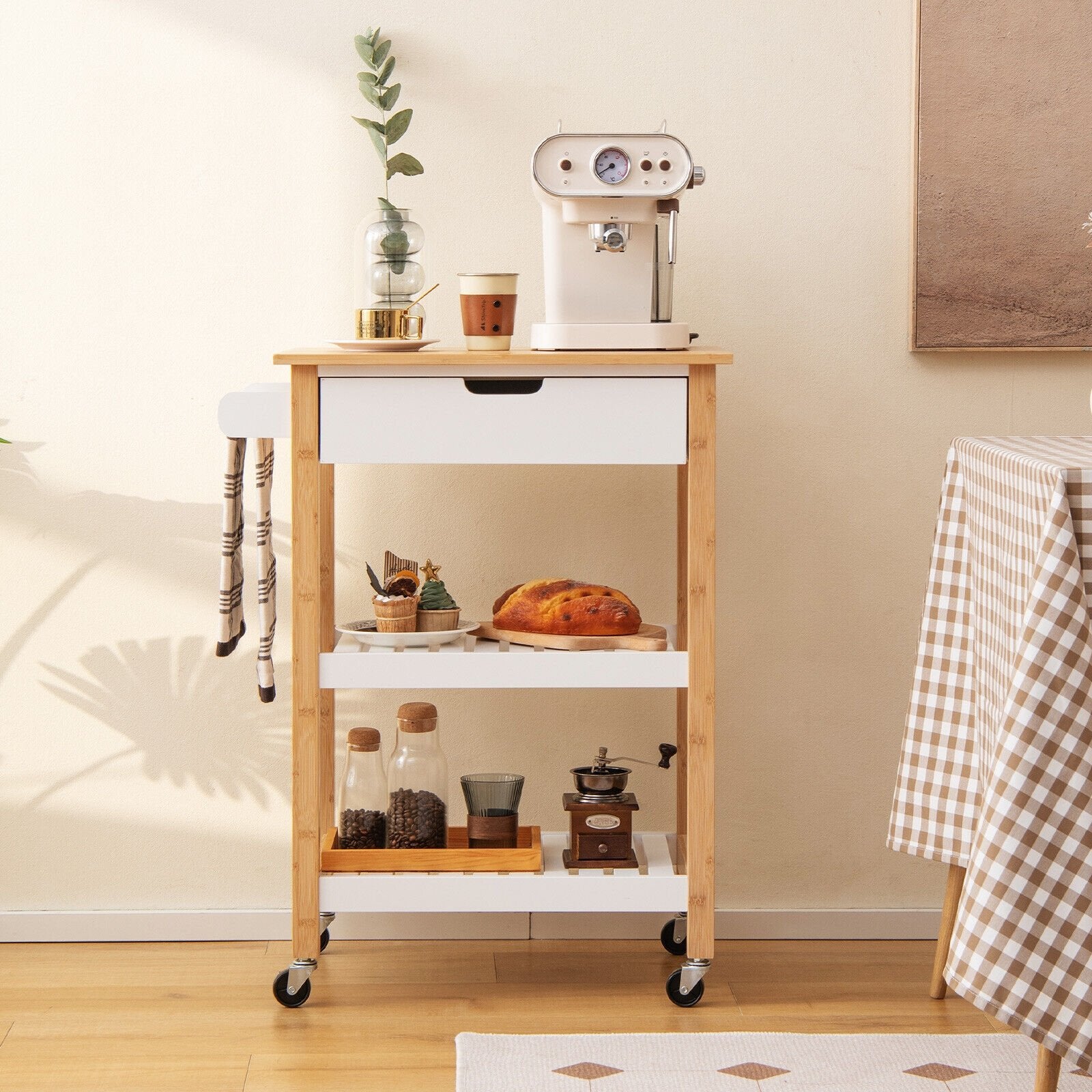 3-Tier Kitchen Island Cart Rolling Service Trolley with Bamboo Top, Natural Kitchen Islands & Carts   at Gallery Canada