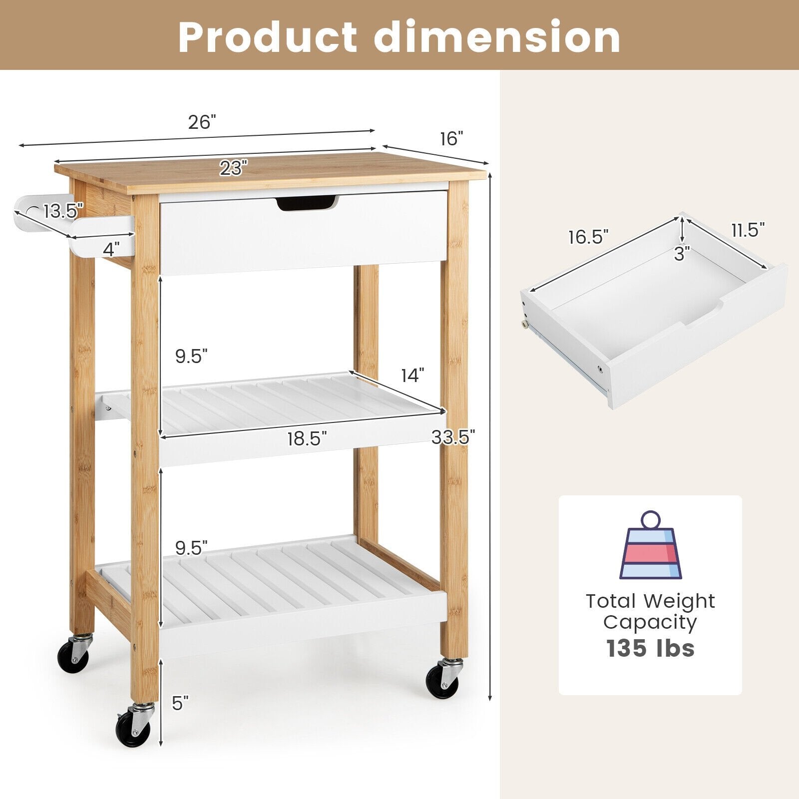 3-Tier Kitchen Island Cart Rolling Service Trolley with Bamboo Top, Natural Kitchen Islands & Carts   at Gallery Canada