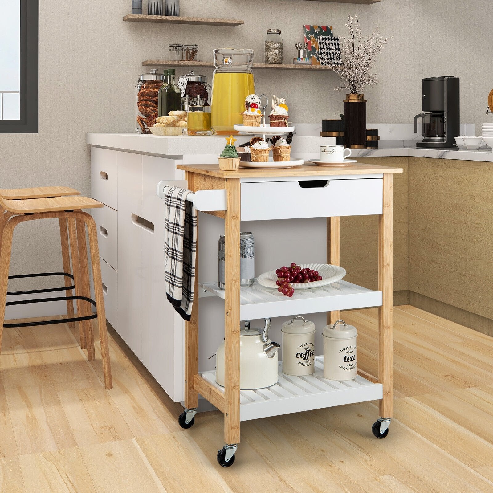 3-Tier Kitchen Island Cart Rolling Service Trolley with Bamboo Top, Natural Kitchen Islands & Carts   at Gallery Canada