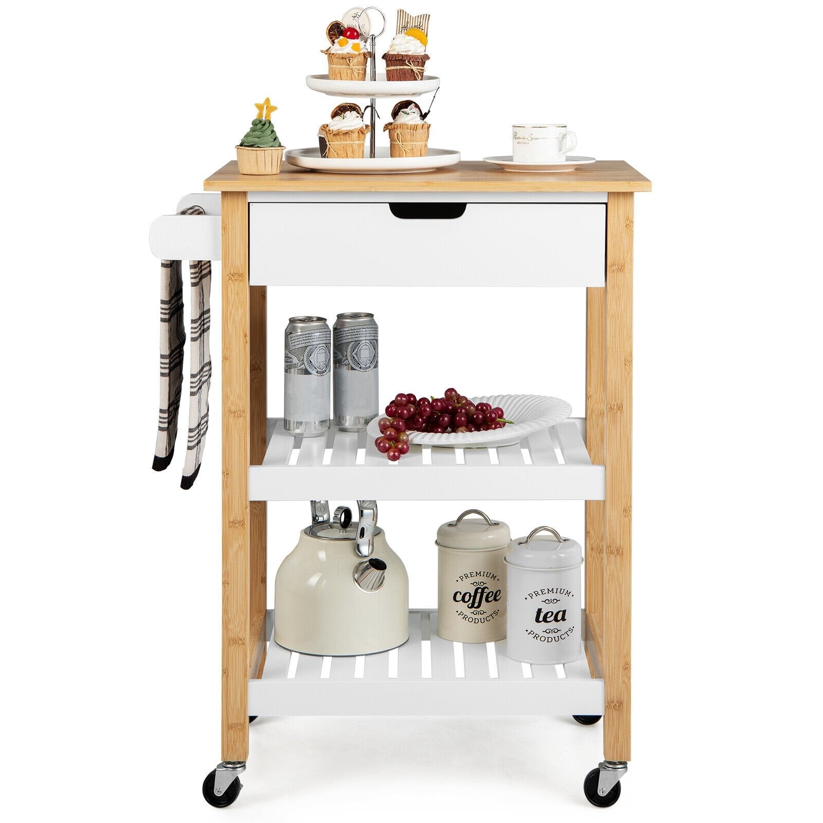 3-Tier Kitchen Island Cart Rolling Service Trolley with Bamboo Top, Natural Kitchen Islands & Carts   at Gallery Canada