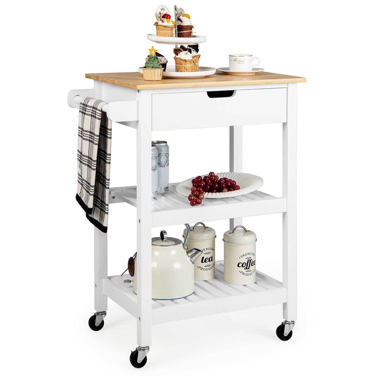 3-Tier Kitchen Island Cart Rolling Service Trolley with Bamboo Top, White Kitchen Islands & Carts   at Gallery Canada