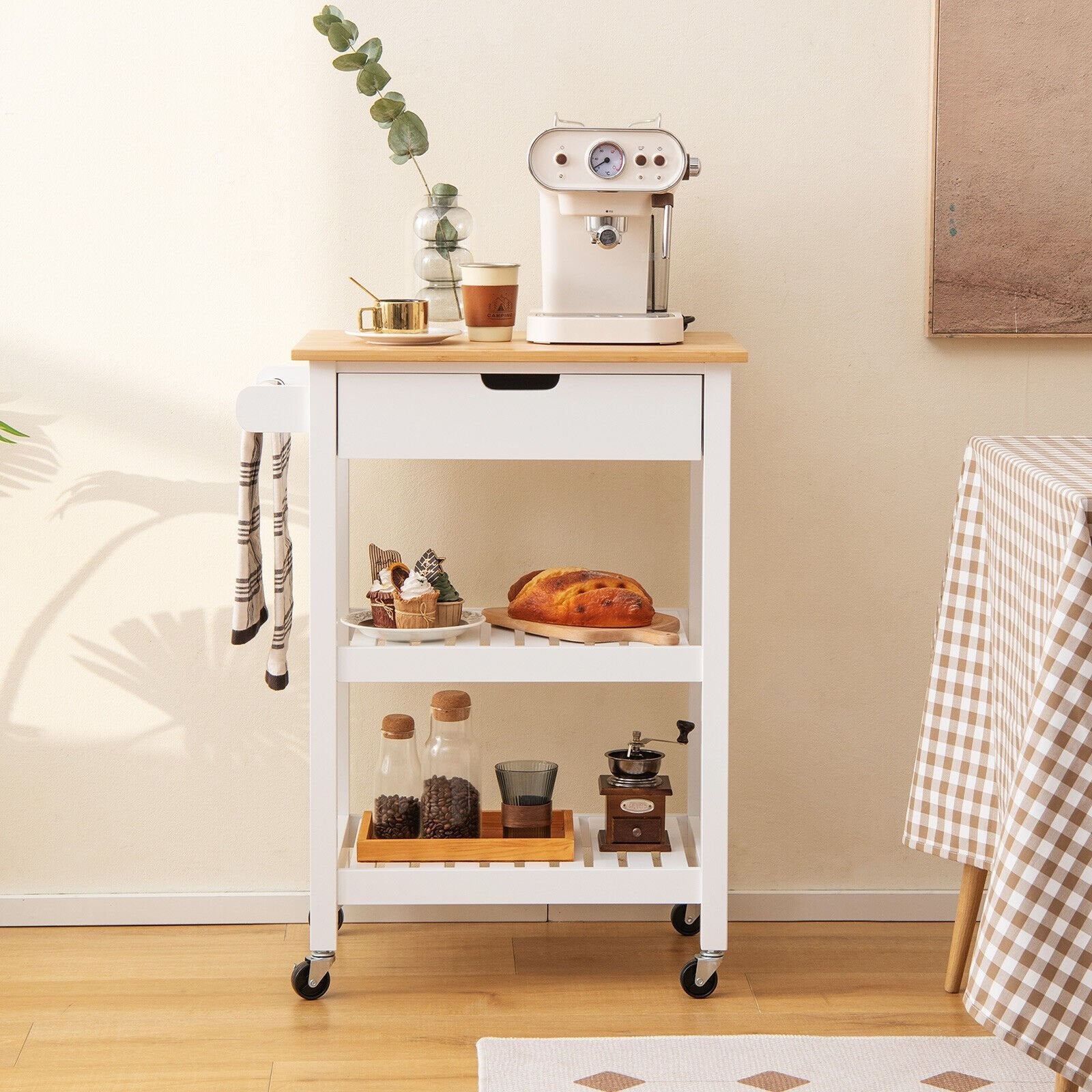 3-Tier Kitchen Island Cart Rolling Service Trolley with Bamboo Top, White Kitchen Islands & Carts   at Gallery Canada