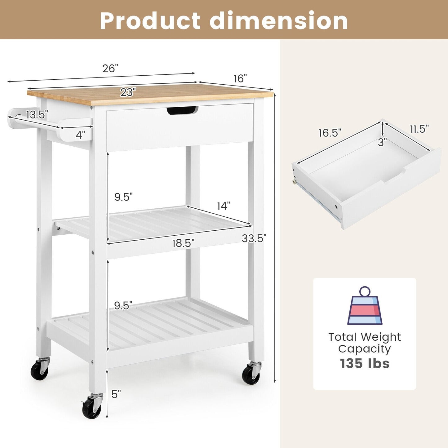 3-Tier Kitchen Island Cart Rolling Service Trolley with Bamboo Top, White - Gallery Canada