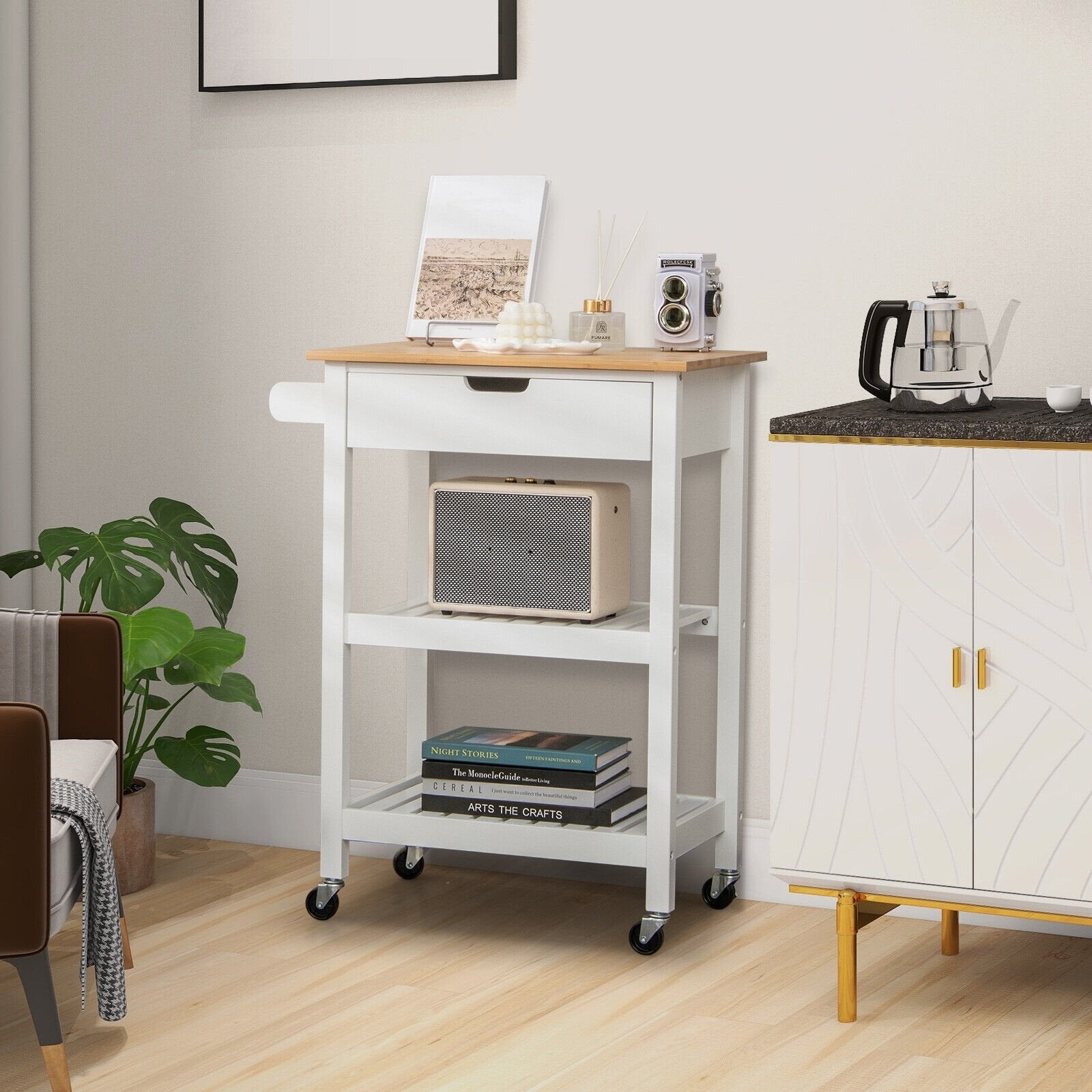 3-Tier Kitchen Island Cart Rolling Service Trolley with Bamboo Top, White Kitchen Islands & Carts   at Gallery Canada