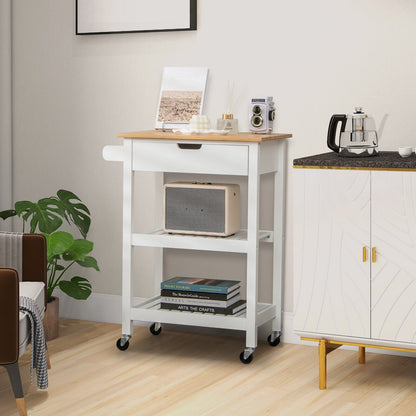 3-Tier Kitchen Island Cart Rolling Service Trolley with Bamboo Top, White - Gallery Canada