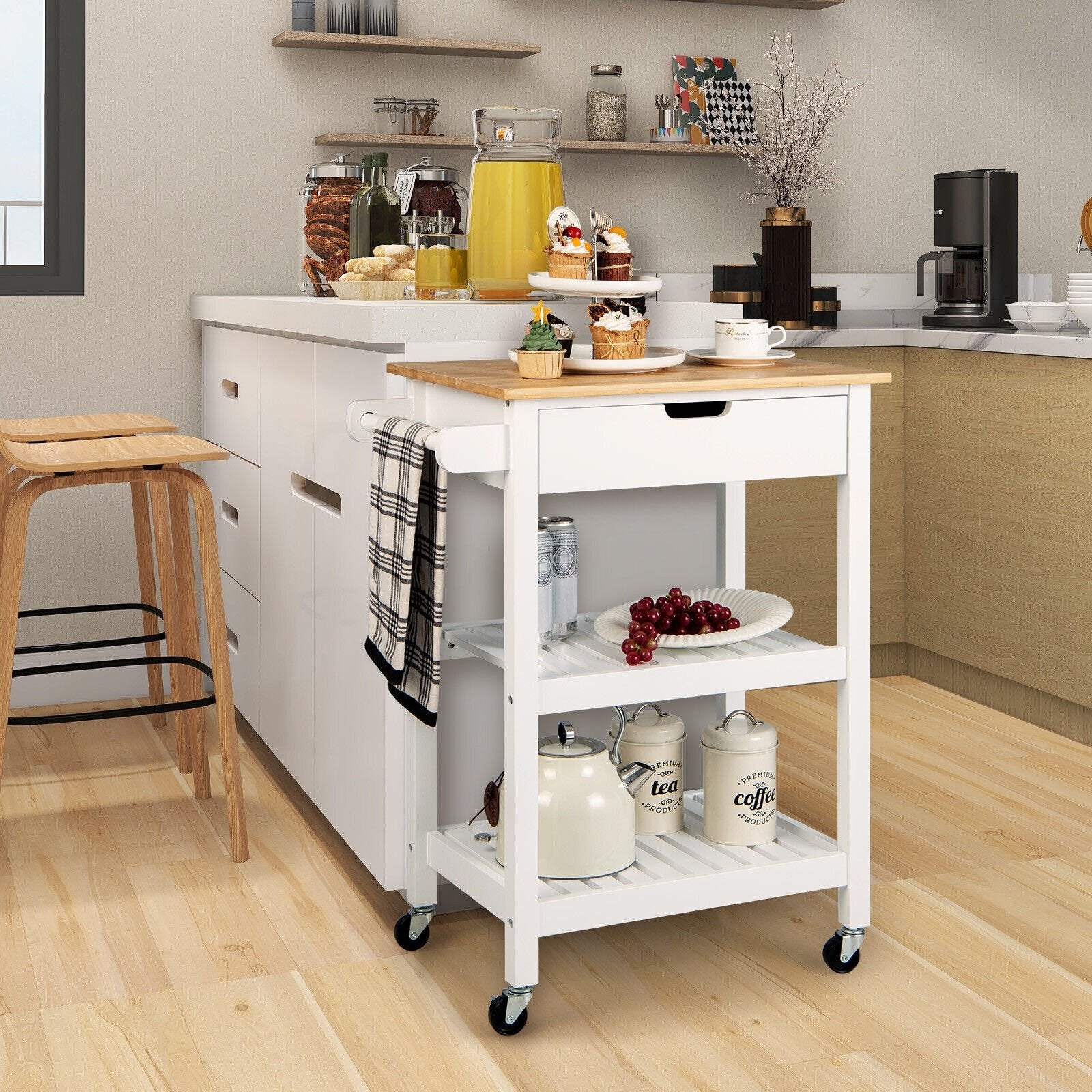 3-Tier Kitchen Island Cart Rolling Service Trolley with Bamboo Top, White Kitchen Islands & Carts   at Gallery Canada