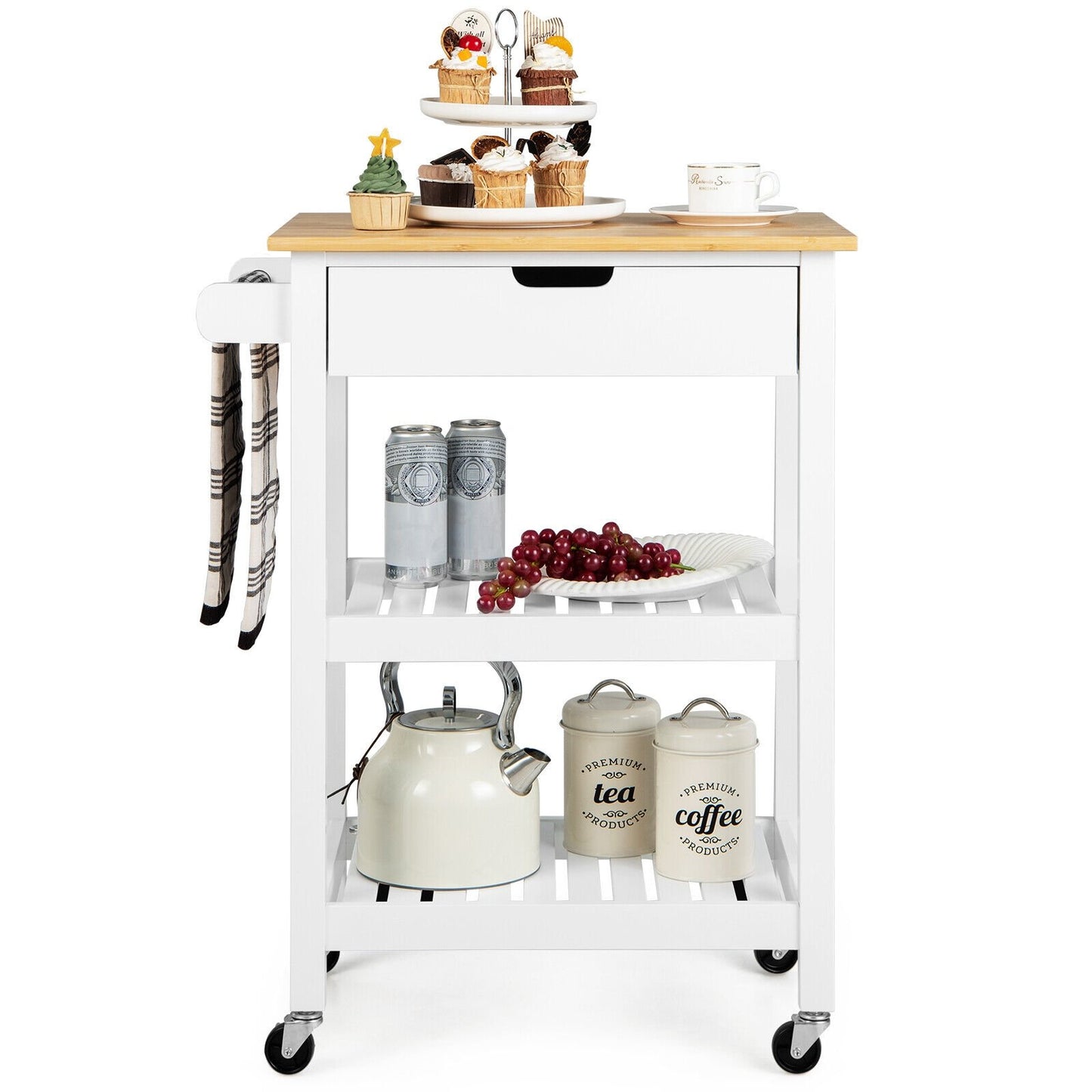 3-Tier Kitchen Island Cart Rolling Service Trolley with Bamboo Top, White - Gallery Canada