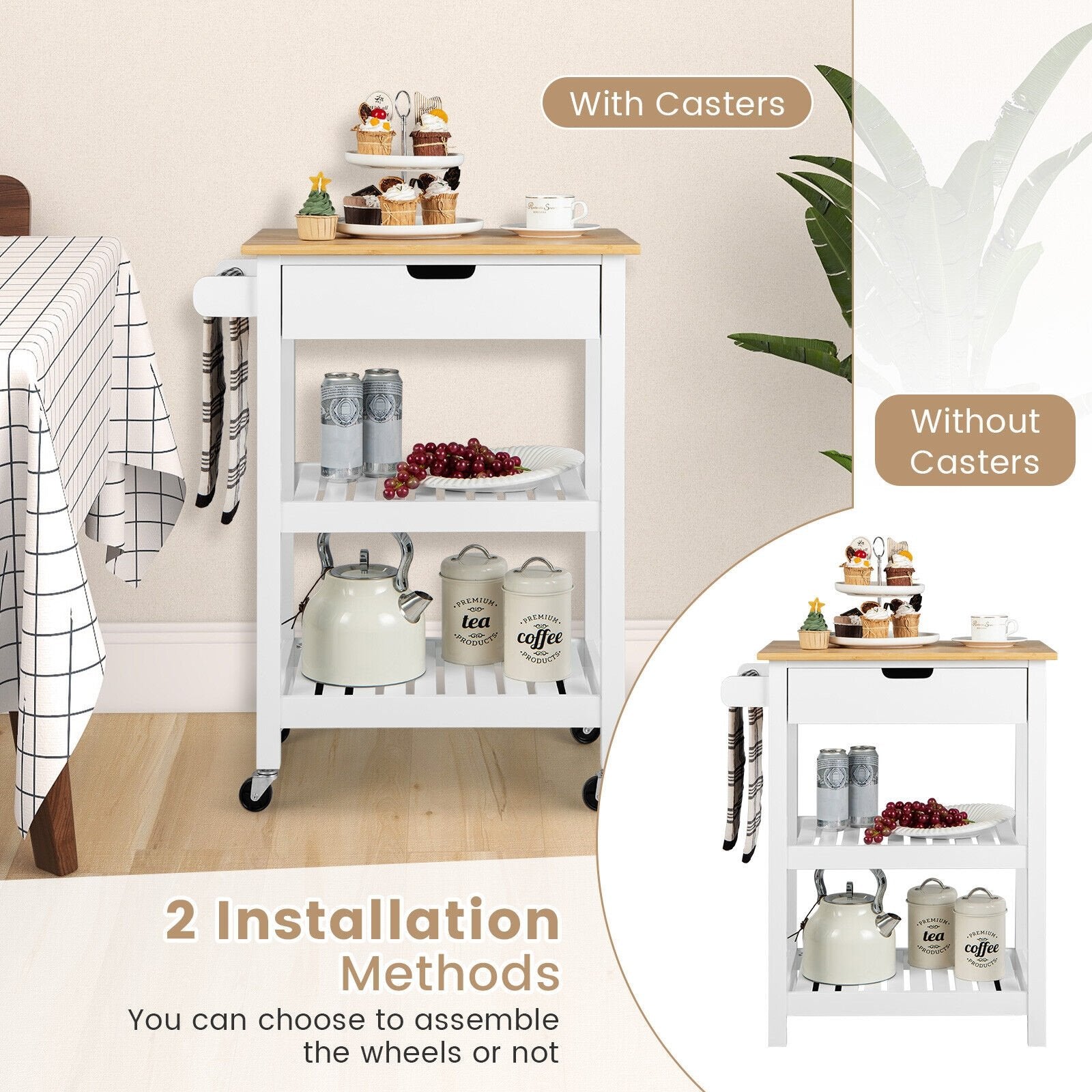 3-Tier Kitchen Island Cart Rolling Service Trolley with Bamboo Top, White Kitchen Islands & Carts   at Gallery Canada