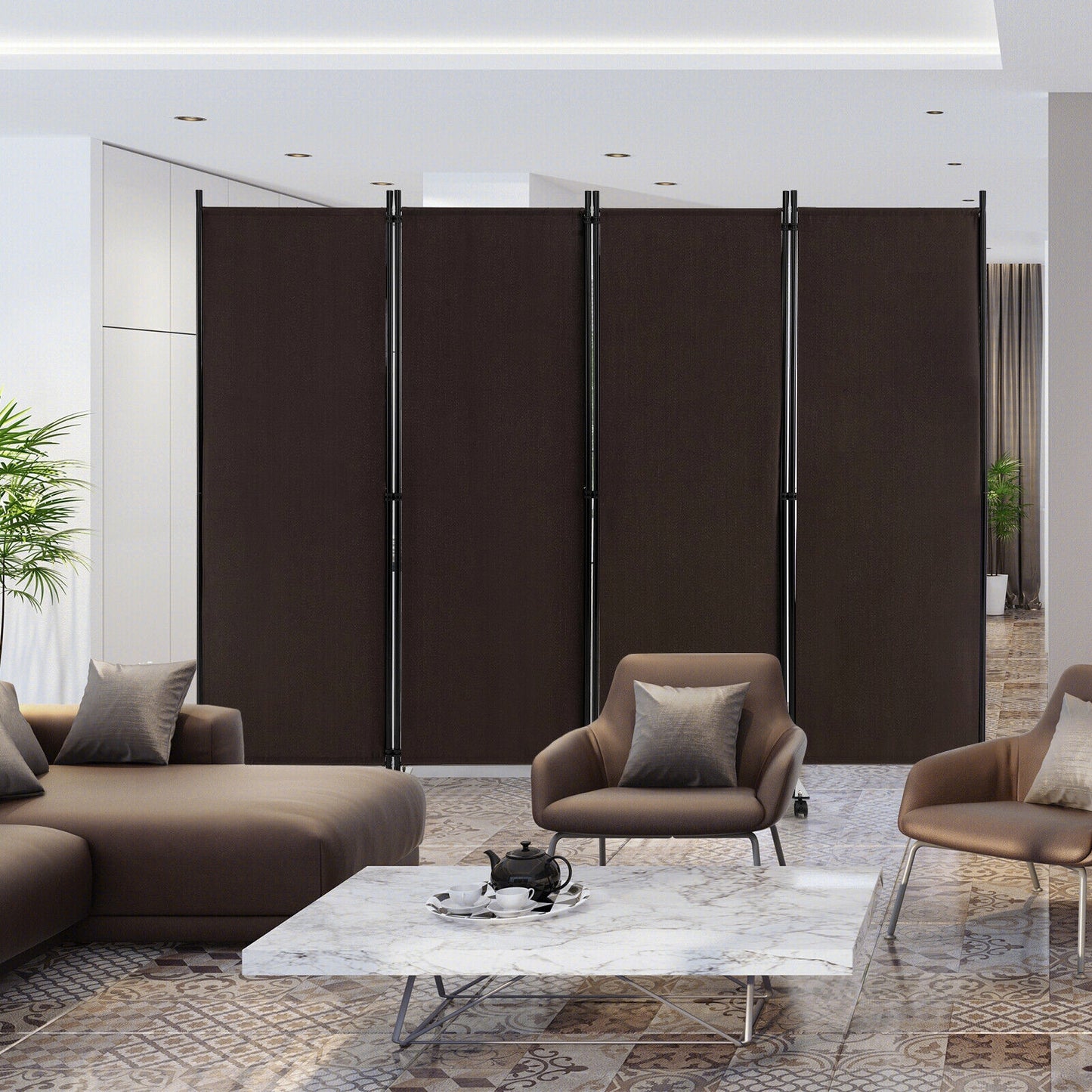 4-Panel Folding Room Divider 6 Feet Rolling Privacy Screen with Lockable Wheels, Brown Room Dividers   at Gallery Canada