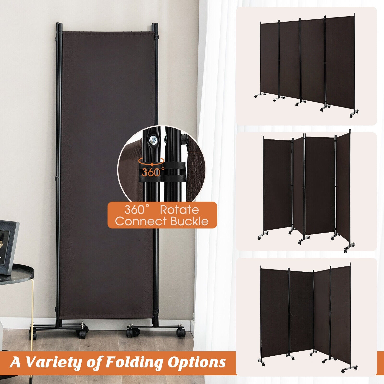 4-Panel Folding Room Divider 6 Feet Rolling Privacy Screen with Lockable Wheels, Brown Room Dividers   at Gallery Canada