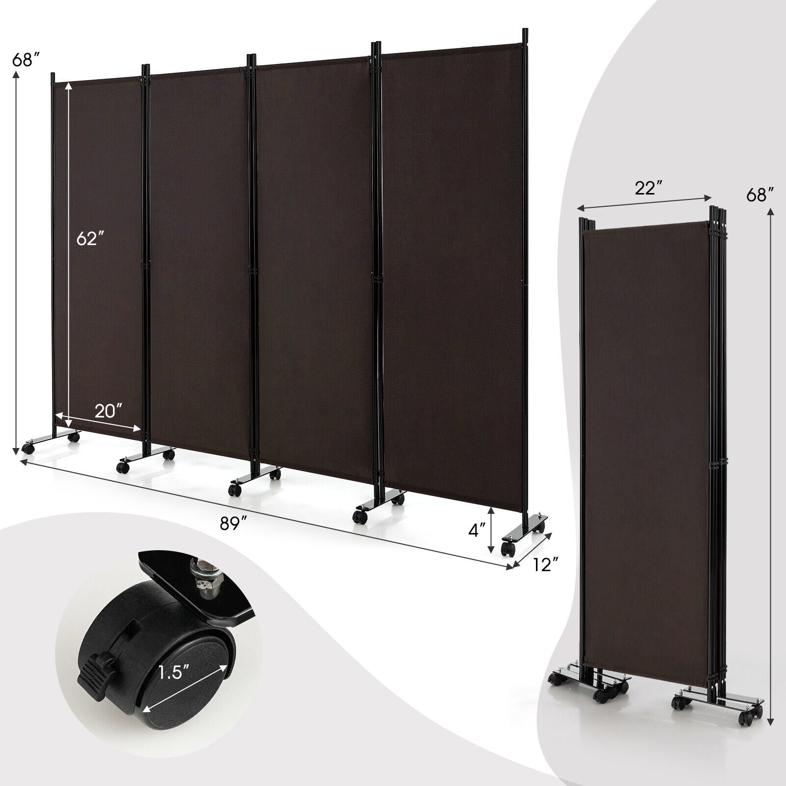 4-Panel Folding Room Divider 6 Feet Rolling Privacy Screen with Lockable Wheels, Brown Room Dividers   at Gallery Canada