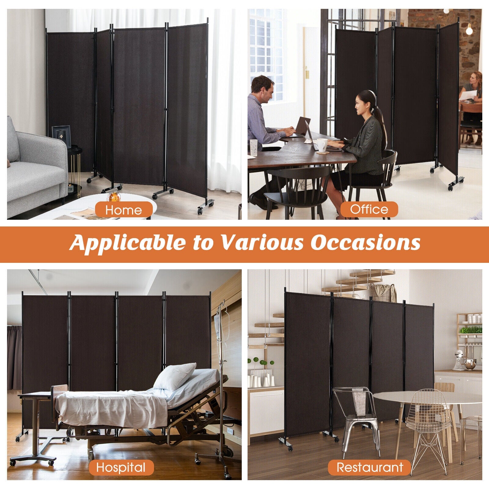 4-Panel Folding Room Divider 6 Feet Rolling Privacy Screen with Lockable Wheels, Brown Room Dividers   at Gallery Canada