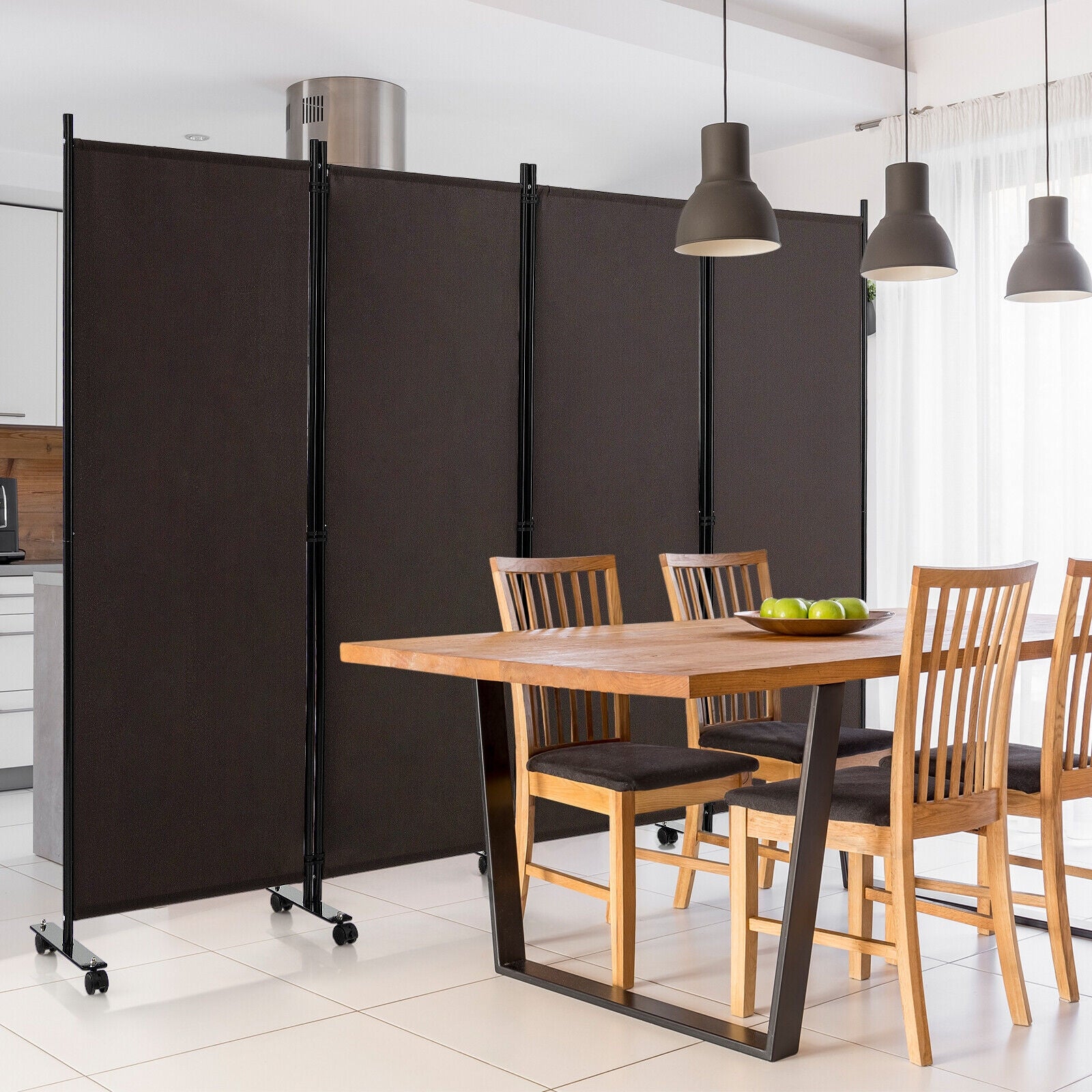 4-Panel Folding Room Divider 6 Feet Rolling Privacy Screen with Lockable Wheels, Brown Room Dividers   at Gallery Canada