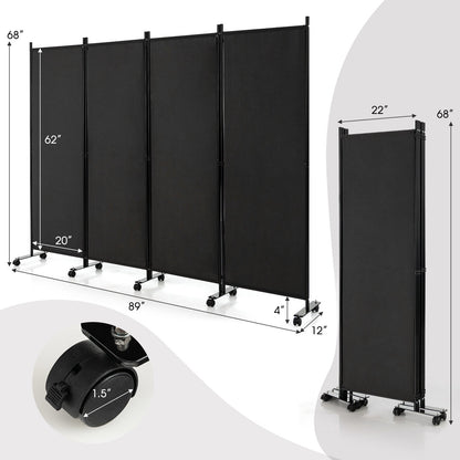 4-Panel Folding Room Divider 6 Feet Rolling Privacy Screen with Lockable Wheels, Black Room Dividers   at Gallery Canada