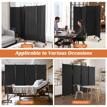 4-Panel Folding Room Divider 6 Feet Rolling Privacy Screen with Lockable Wheels, Black Room Dividers   at Gallery Canada