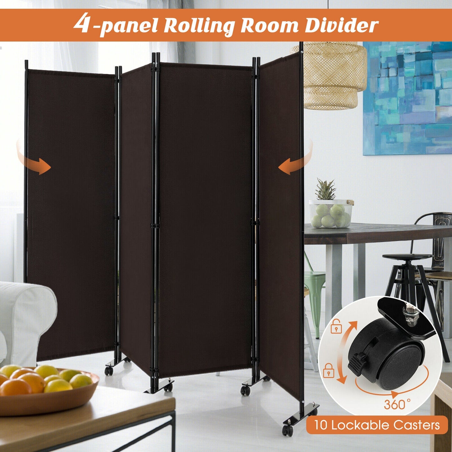 4-Panel Folding Room Divider 6 Feet Rolling Privacy Screen with Lockable Wheels, Brown Room Dividers   at Gallery Canada