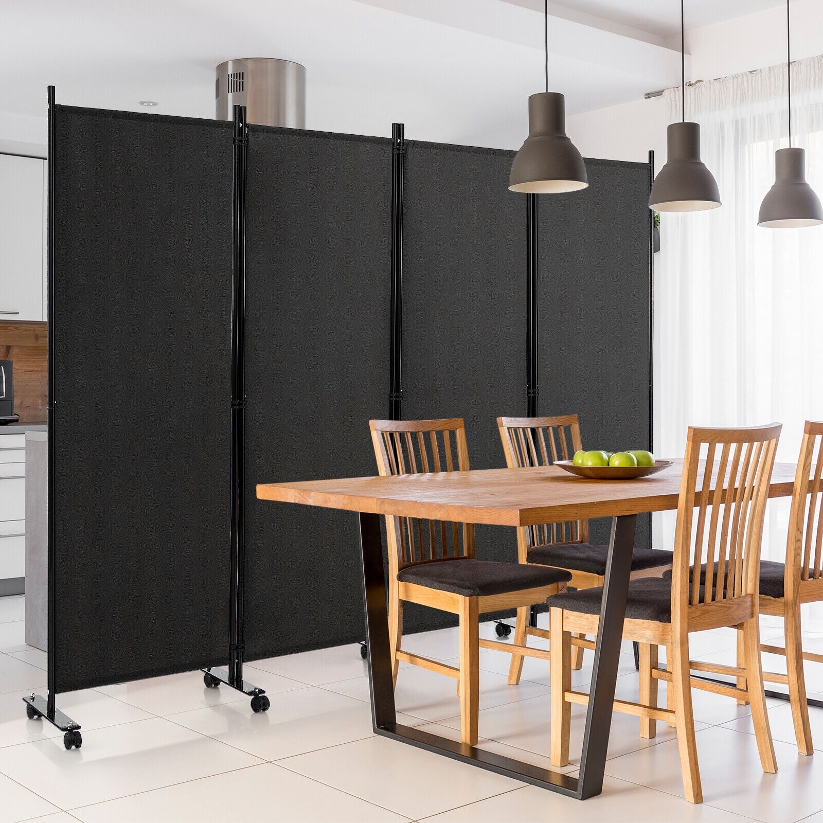 4-Panel Folding Room Divider 6 Feet Rolling Privacy Screen with Lockable Wheels, Black Room Dividers   at Gallery Canada