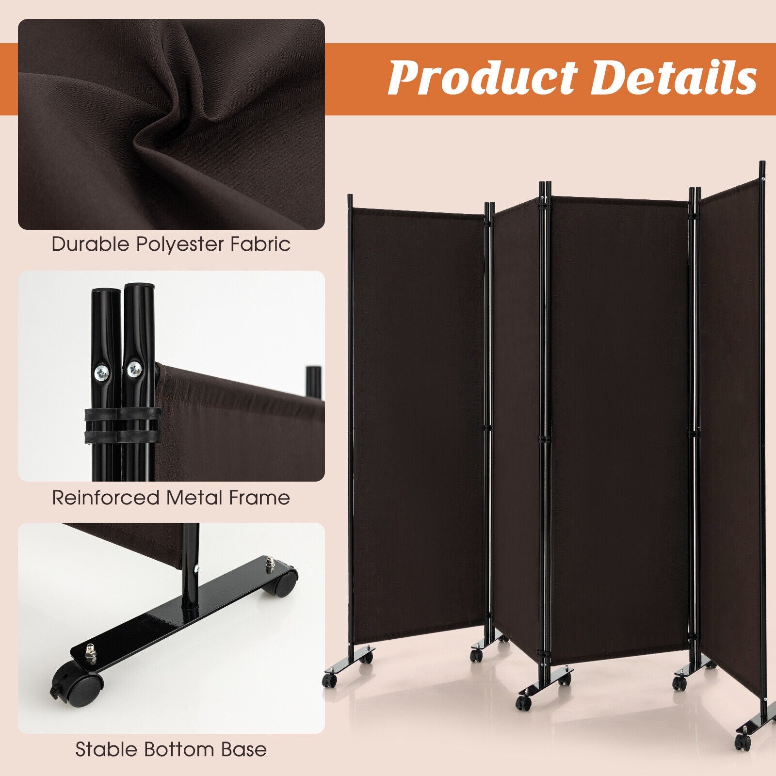 4-Panel Folding Room Divider 6 Feet Rolling Privacy Screen with Lockable Wheels, Brown Room Dividers   at Gallery Canada