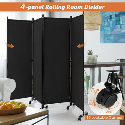 4-Panel Folding Room Divider 6 Feet Rolling Privacy Screen with Lockable Wheels, Black Room Dividers   at Gallery Canada