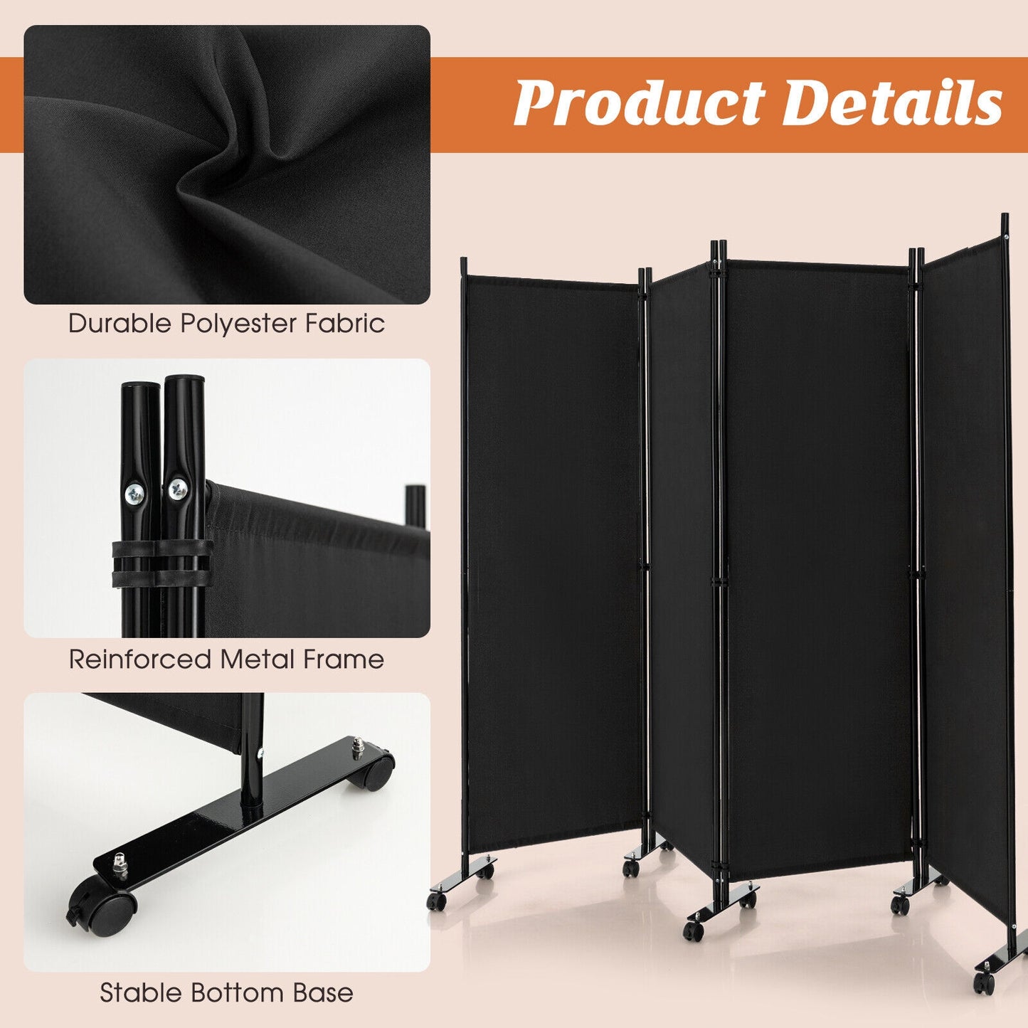 4-Panel Folding Room Divider 6 Feet Rolling Privacy Screen with Lockable Wheels, Black Room Dividers   at Gallery Canada