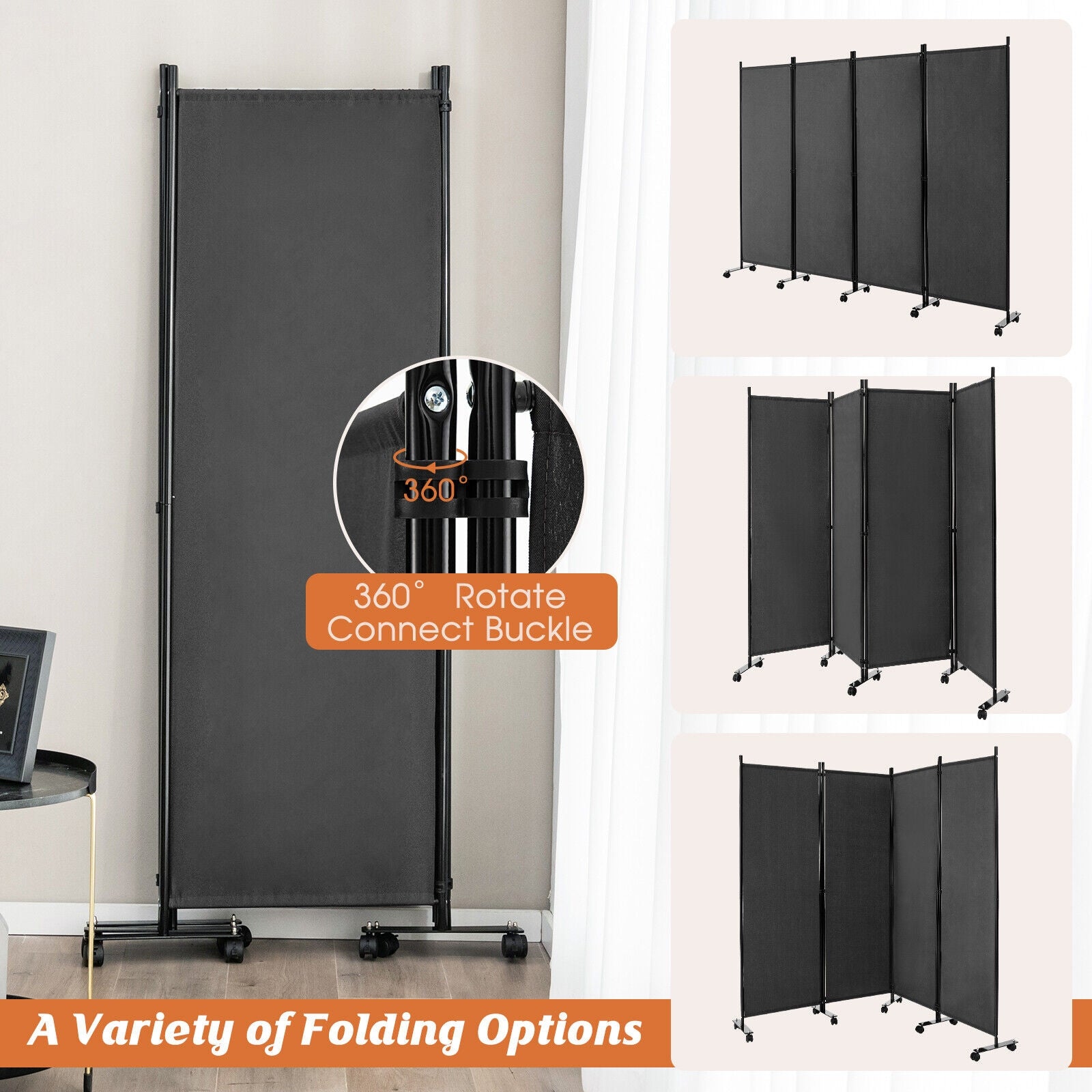 4-Panel Folding Room Divider 6 Feet Rolling Privacy Screen with Lockable Wheels, Gray Room Dividers   at Gallery Canada