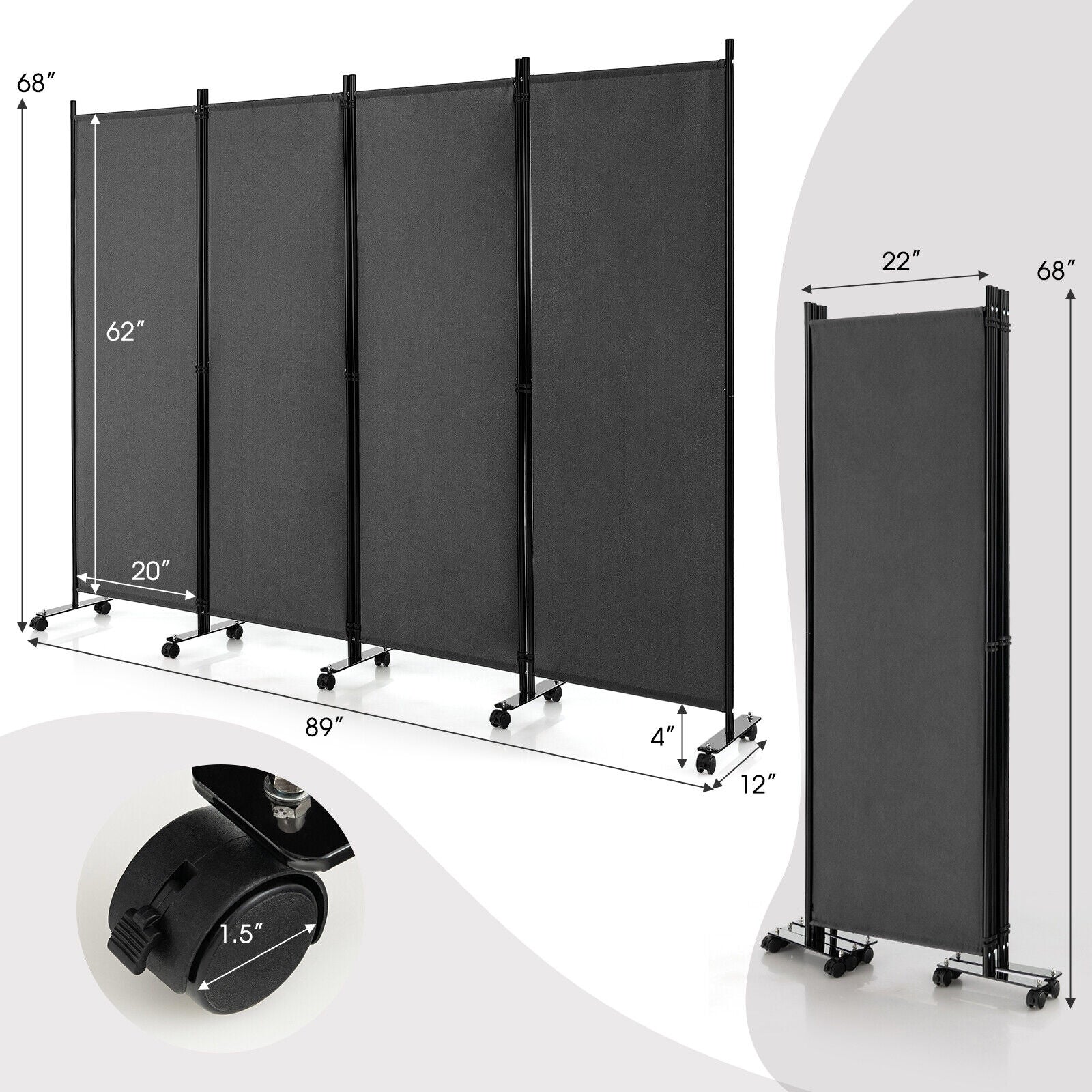 4-Panel Folding Room Divider 6 Feet Rolling Privacy Screen with Lockable Wheels, Gray Room Dividers   at Gallery Canada