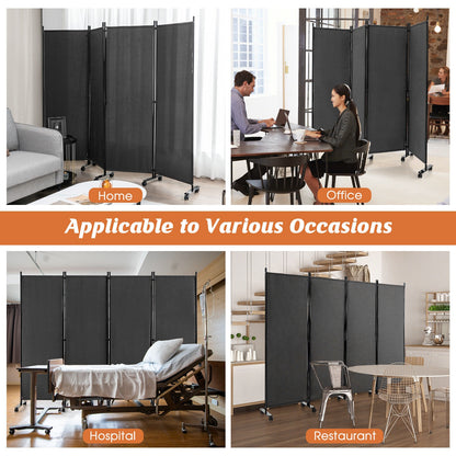 4-Panel Folding Room Divider 6 Feet Rolling Privacy Screen with Lockable Wheels, Gray Room Dividers   at Gallery Canada