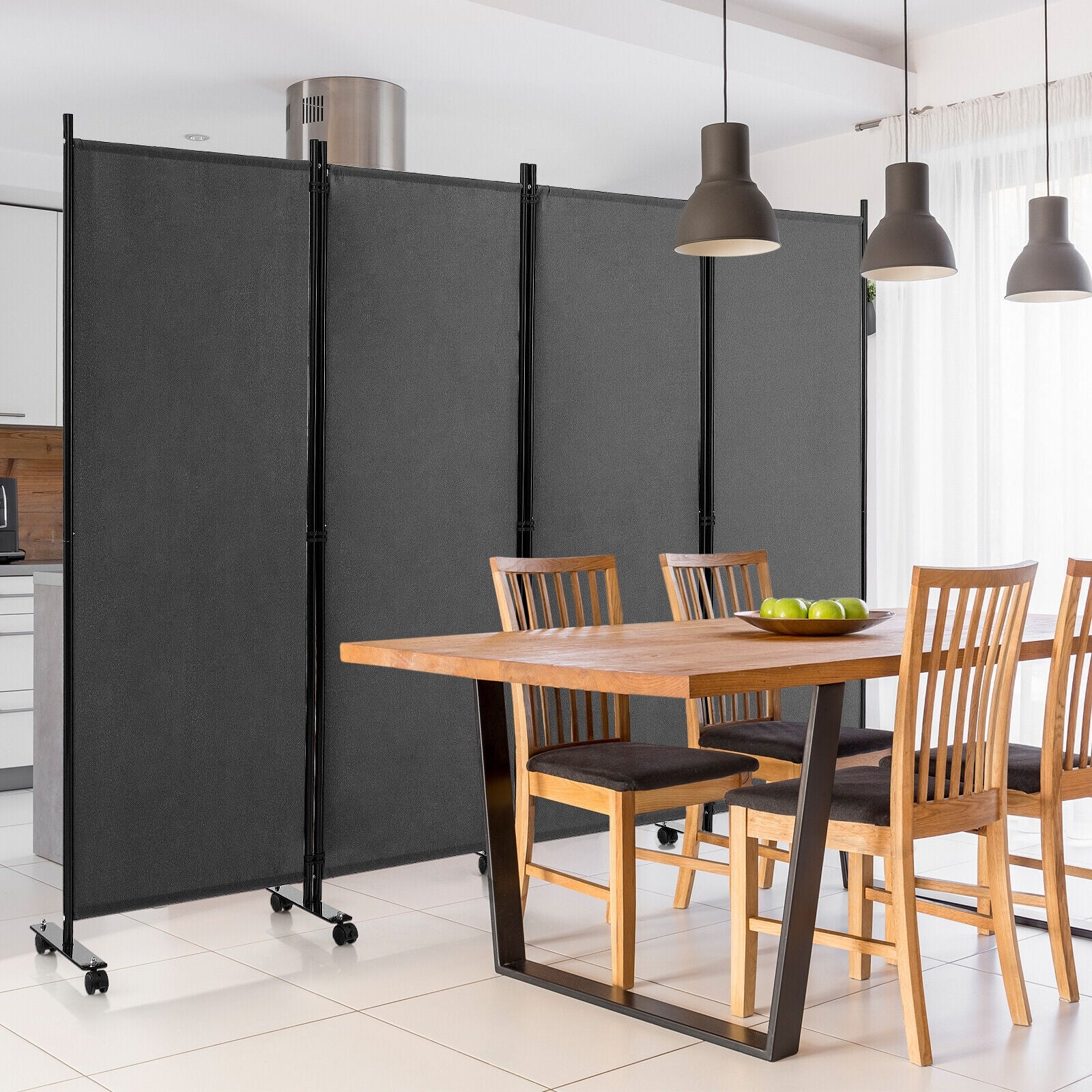 4-Panel Folding Room Divider 6 Feet Rolling Privacy Screen with Lockable Wheels, Gray Room Dividers   at Gallery Canada