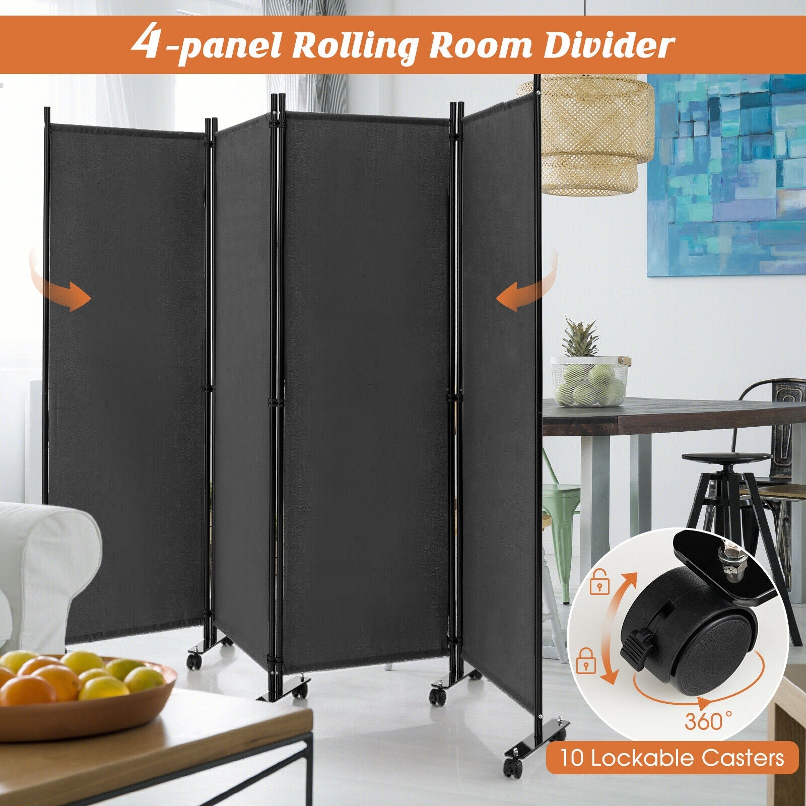 4-Panel Folding Room Divider 6 Feet Rolling Privacy Screen with Lockable Wheels, Gray Room Dividers   at Gallery Canada