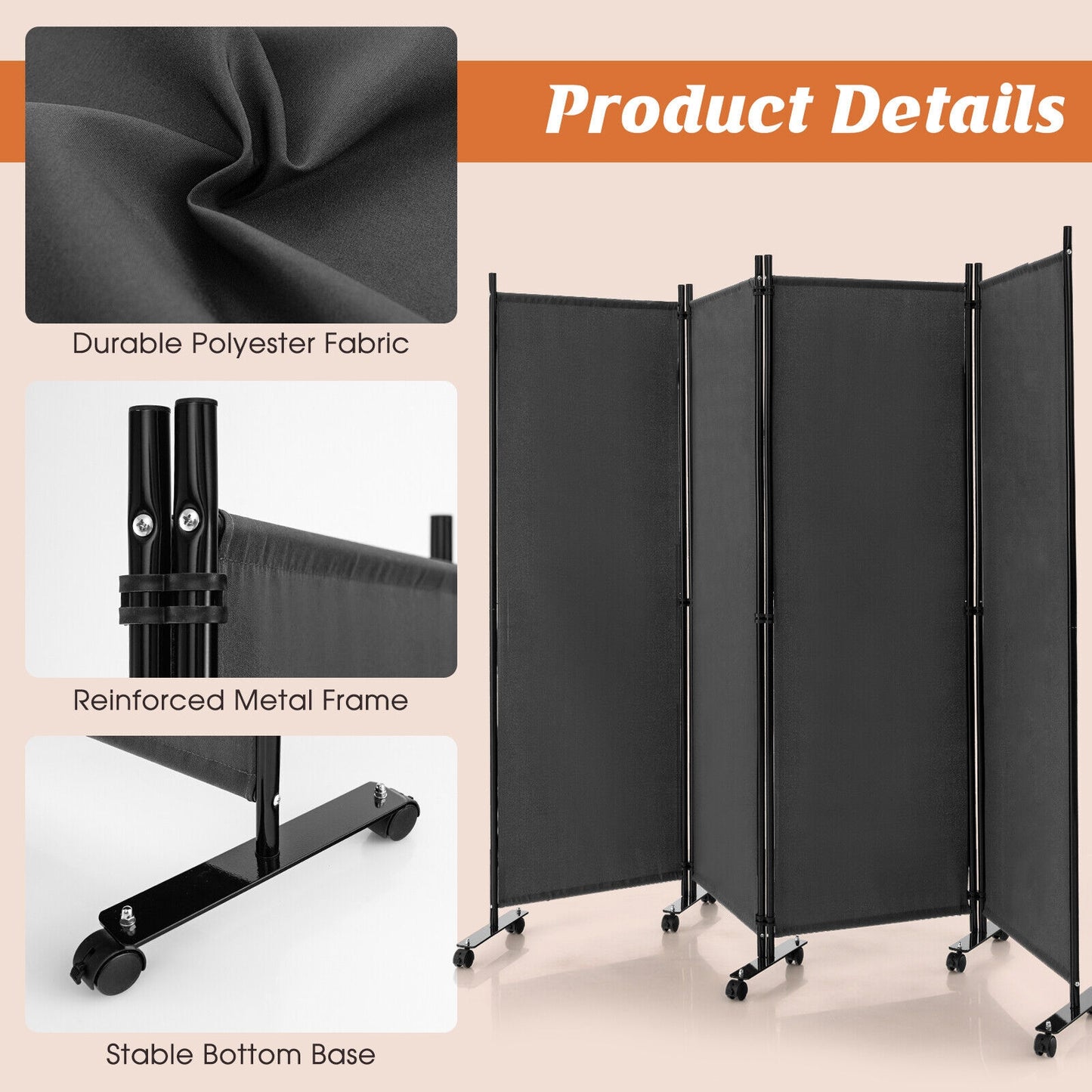 4-Panel Folding Room Divider 6 Feet Rolling Privacy Screen with Lockable Wheels, Gray Room Dividers   at Gallery Canada
