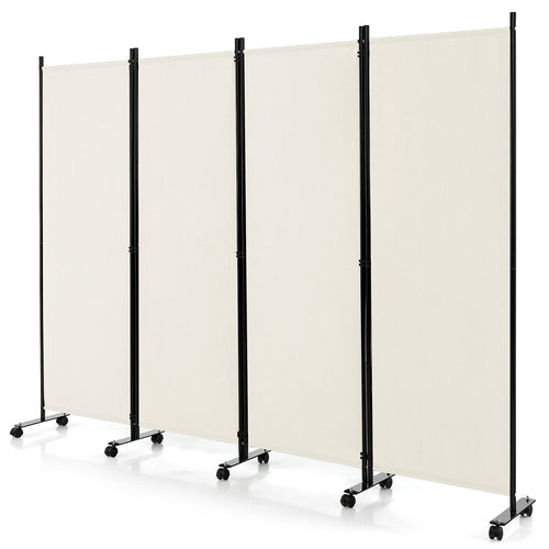 4-Panel Folding Room Divider 6 Feet Rolling Privacy Screen with Lockable Wheels, White