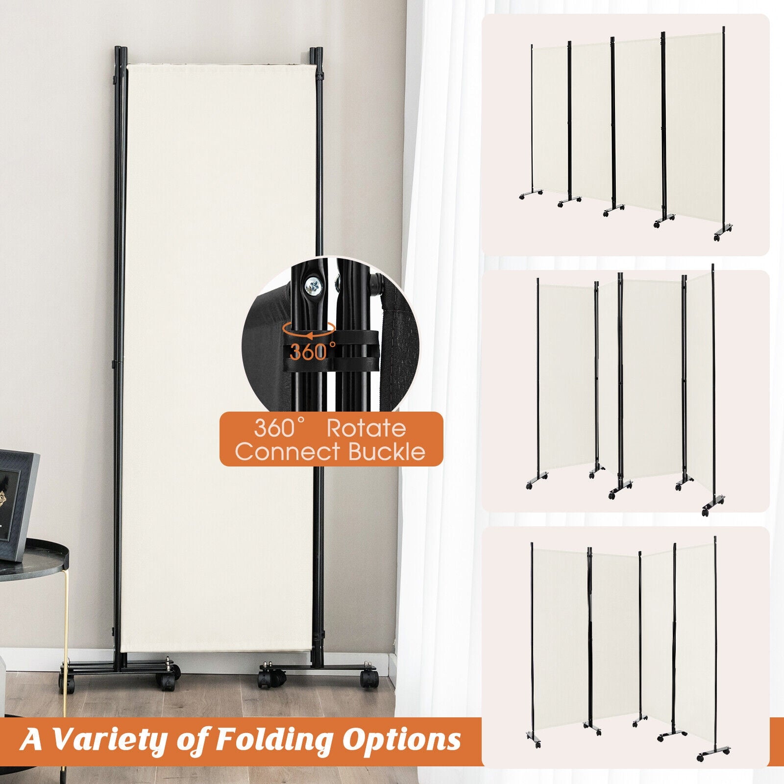 4-Panel Folding Room Divider 6 Feet Rolling Privacy Screen with Lockable Wheels, White Room Dividers   at Gallery Canada