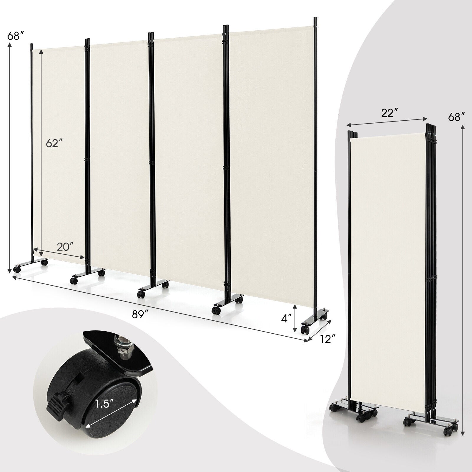 4-Panel Folding Room Divider 6 Feet Rolling Privacy Screen with Lockable Wheels, White Room Dividers   at Gallery Canada