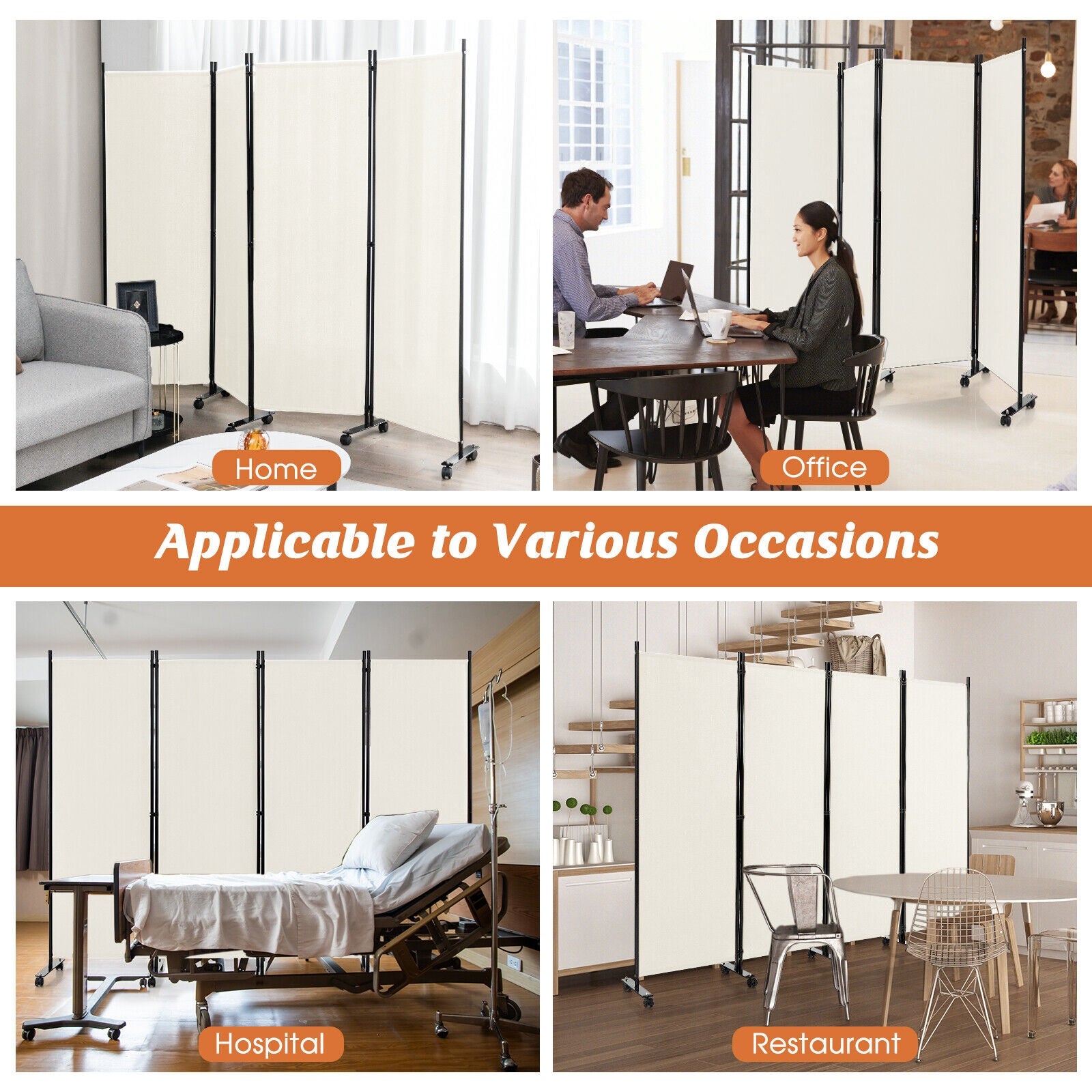 4-Panel Folding Room Divider 6 Feet Rolling Privacy Screen with Lockable Wheels, White Room Dividers   at Gallery Canada