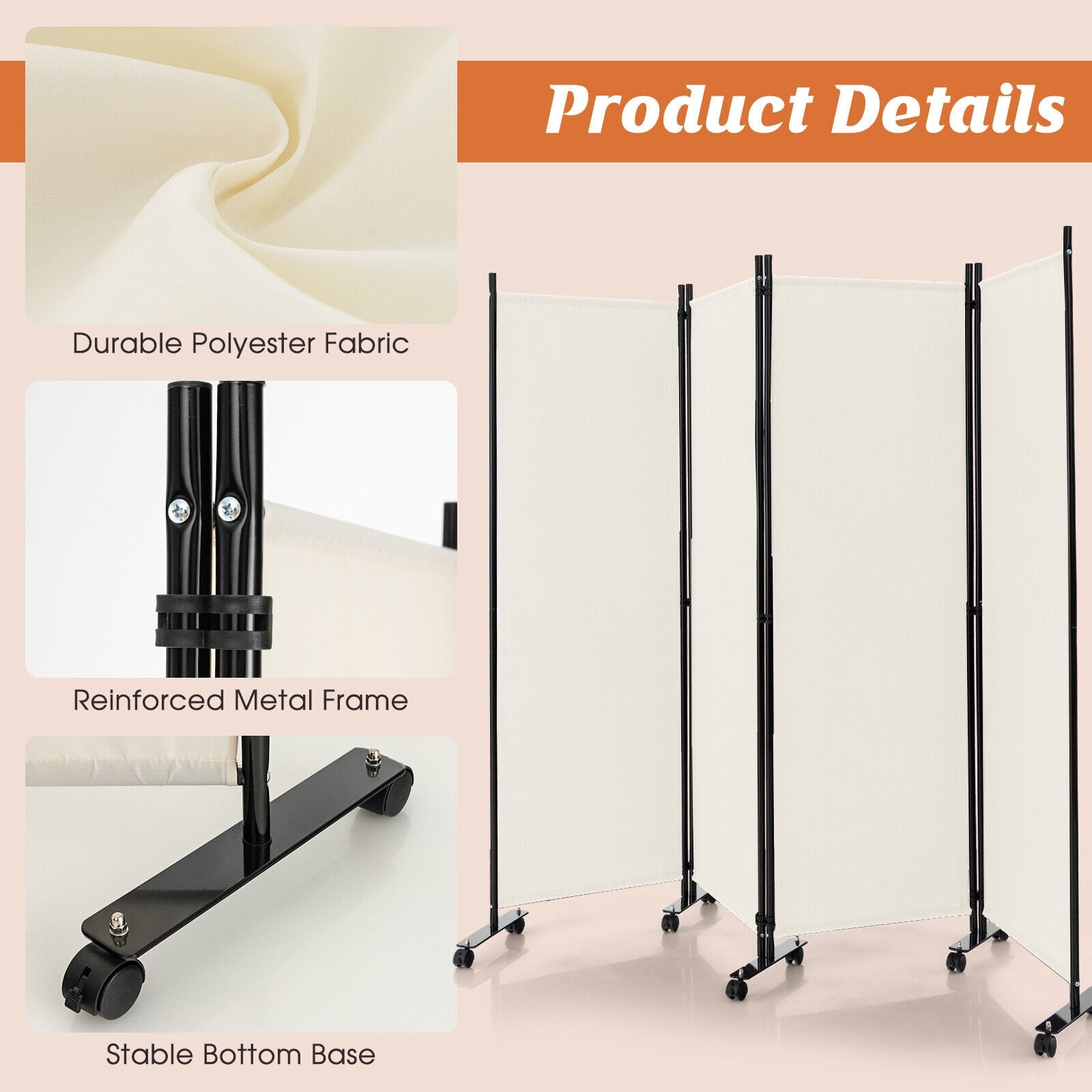 4-Panel Folding Room Divider 6 Feet Rolling Privacy Screen with Lockable Wheels, White Room Dividers   at Gallery Canada