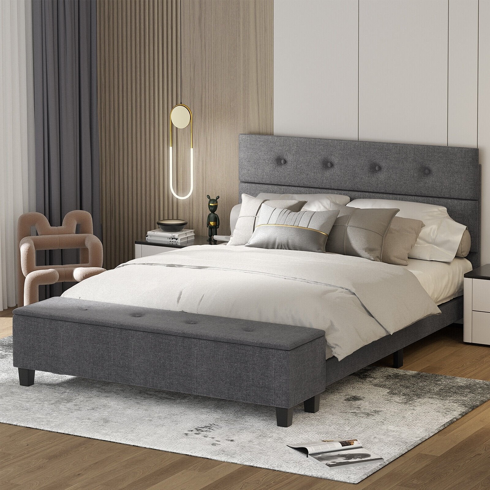 Full/Queen/Twin Upholstered Bed Frame with Ottoman Storage-Queen Size, Gray Simple Bed Frame   at Gallery Canada