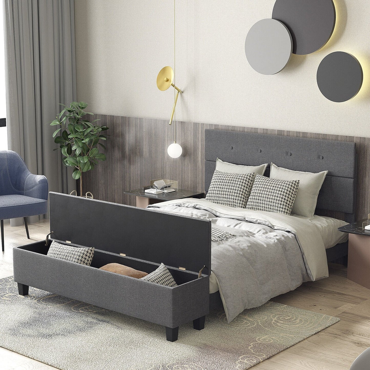 Full/Queen/Twin Upholstered Bed Frame with Ottoman Storage-Queen Size, Gray Simple Bed Frame   at Gallery Canada