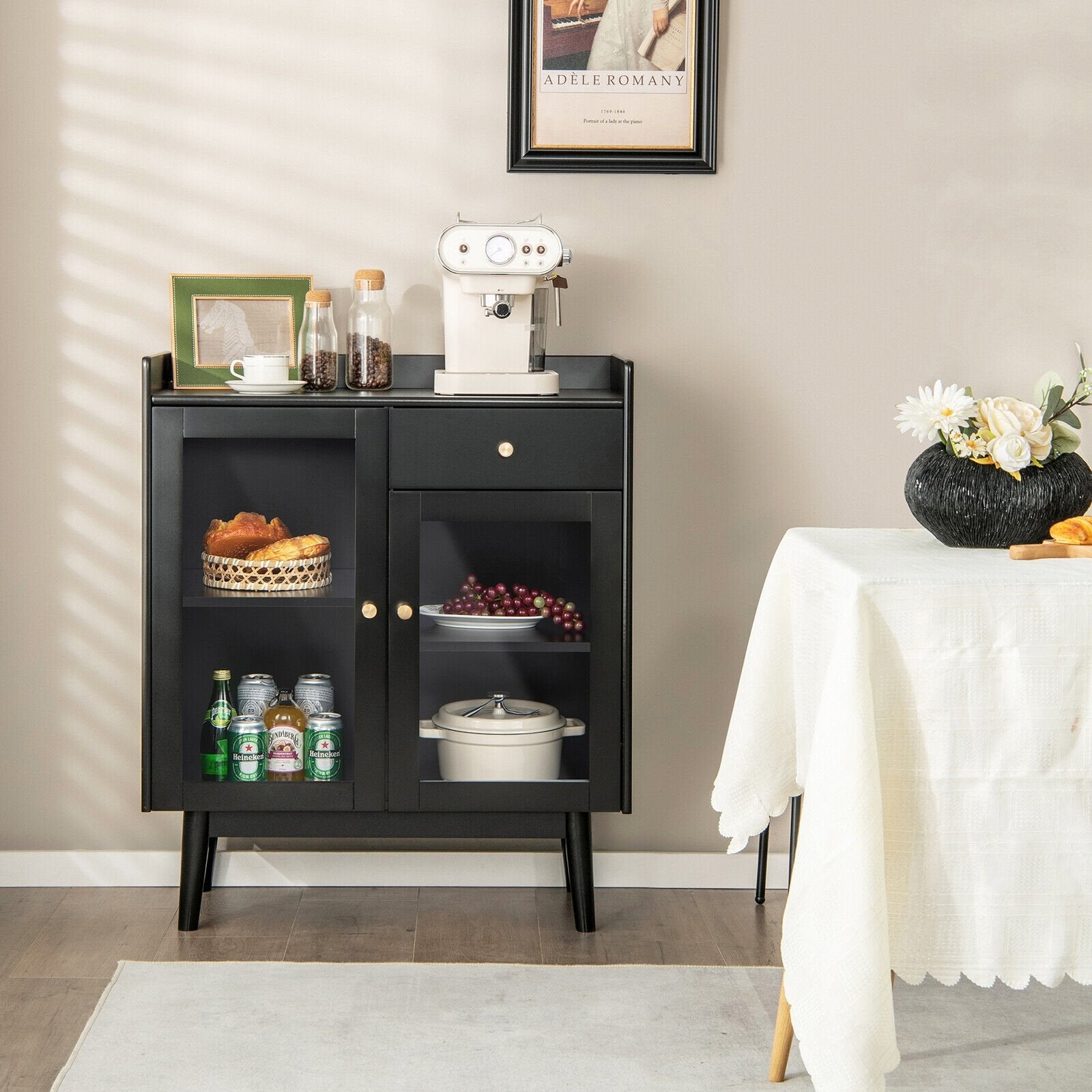 Kitchen Buffet Sideboard with 2 Tempered Glass Doors and Drawer, Black Sideboards Cabinets & Buffets   at Gallery Canada