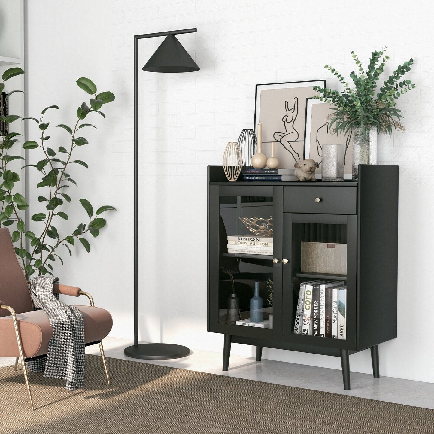 Kitchen Buffet Sideboard with 2 Tempered Glass Doors and Drawer, Black Sideboards Cabinets & Buffets   at Gallery Canada