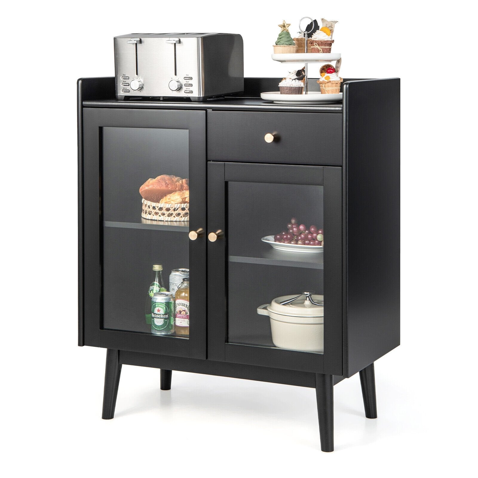 Kitchen Buffet Sideboard with 2 Tempered Glass Doors and Drawer, Black Sideboards Cabinets & Buffets   at Gallery Canada