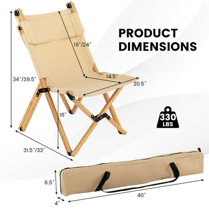 Bamboo Folding Camping Chair with 2-Level Adjustable Backrest, Natural Outdoor Seating & Patio Chairs   at Gallery Canada