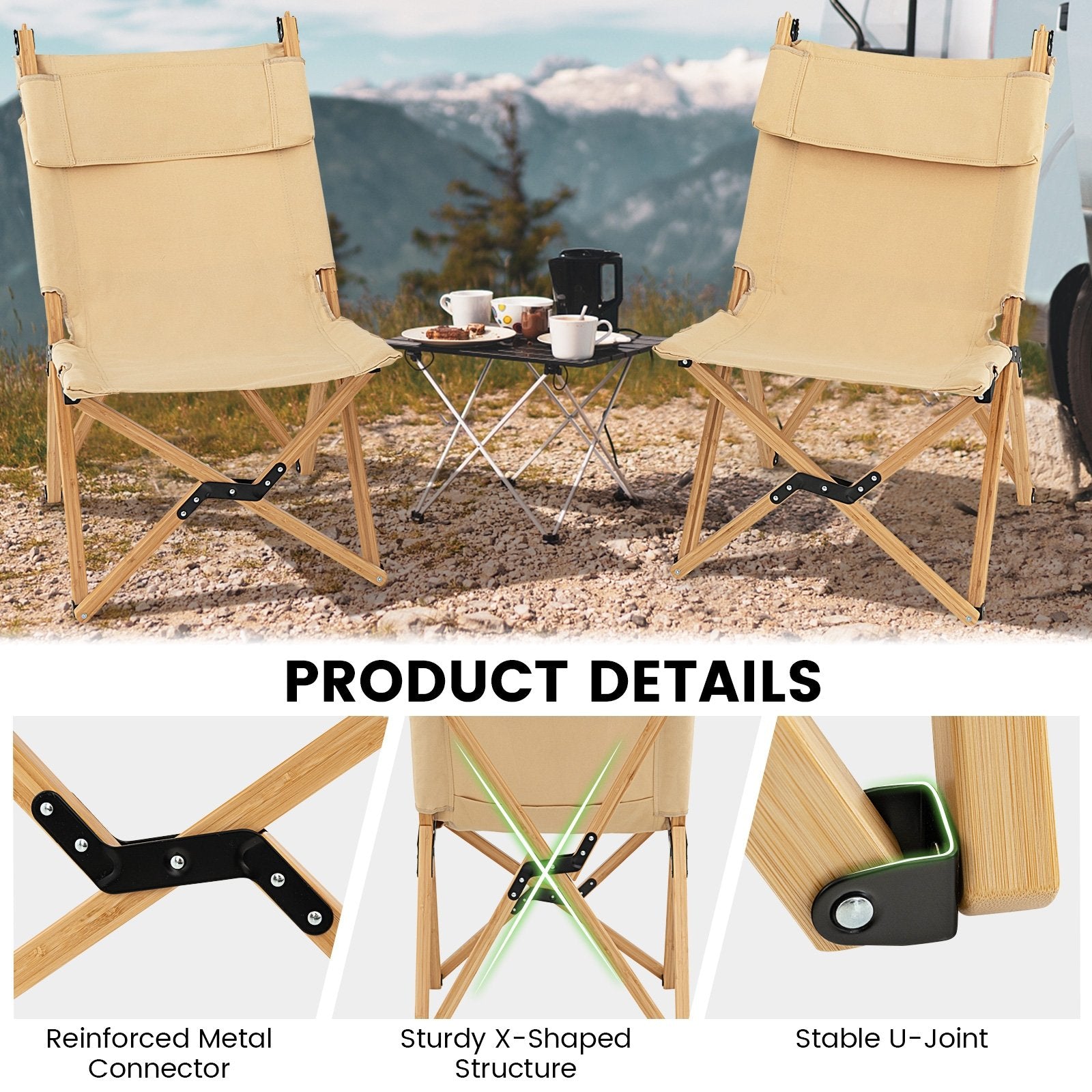 Bamboo Folding Camping Chair with 2-Level Adjustable Backrest, Natural Outdoor Seating & Patio Chairs   at Gallery Canada