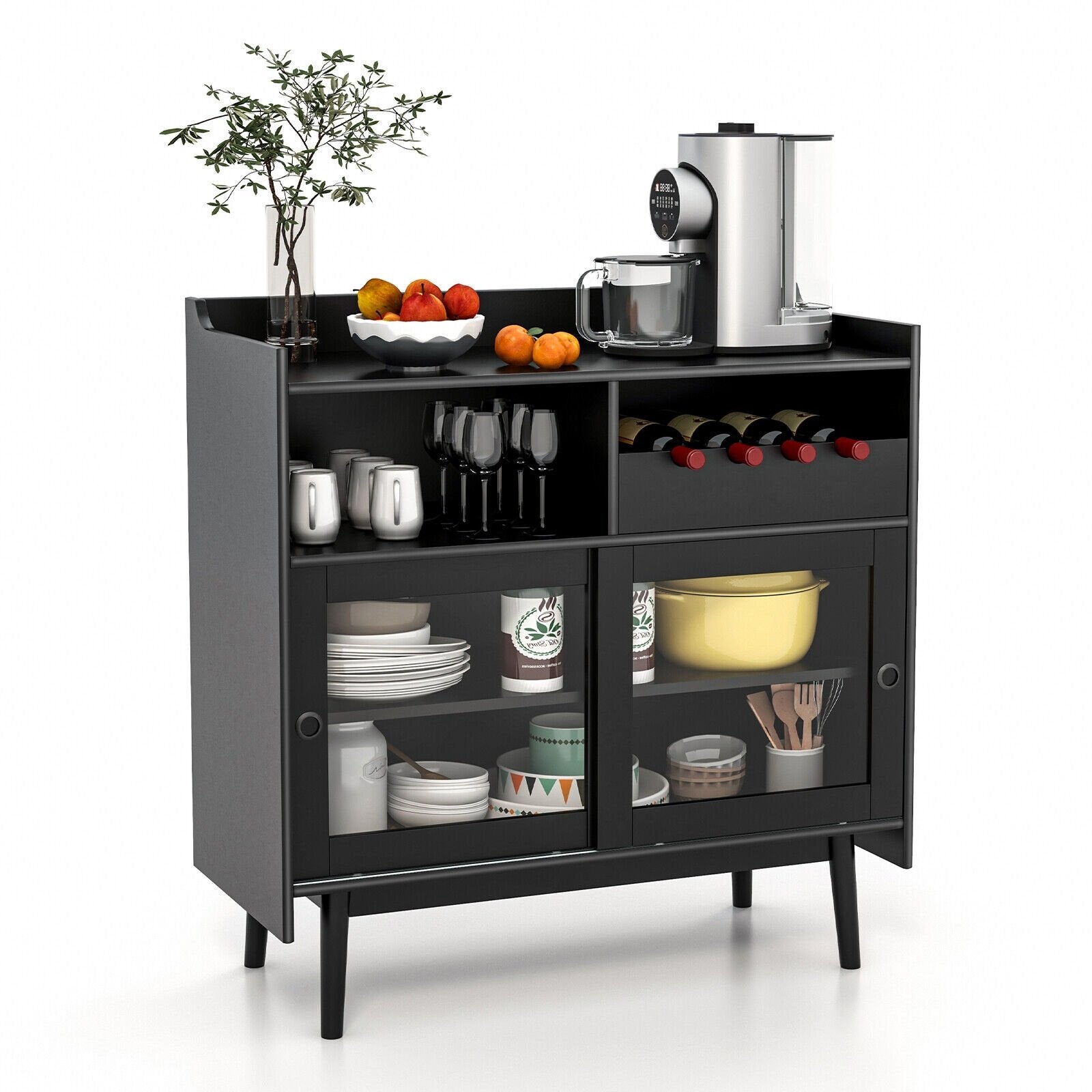 Kitchen Buffet Sideboard with Wine Rack and Sliding Door, Black Sideboards Cabinets & Buffets   at Gallery Canada