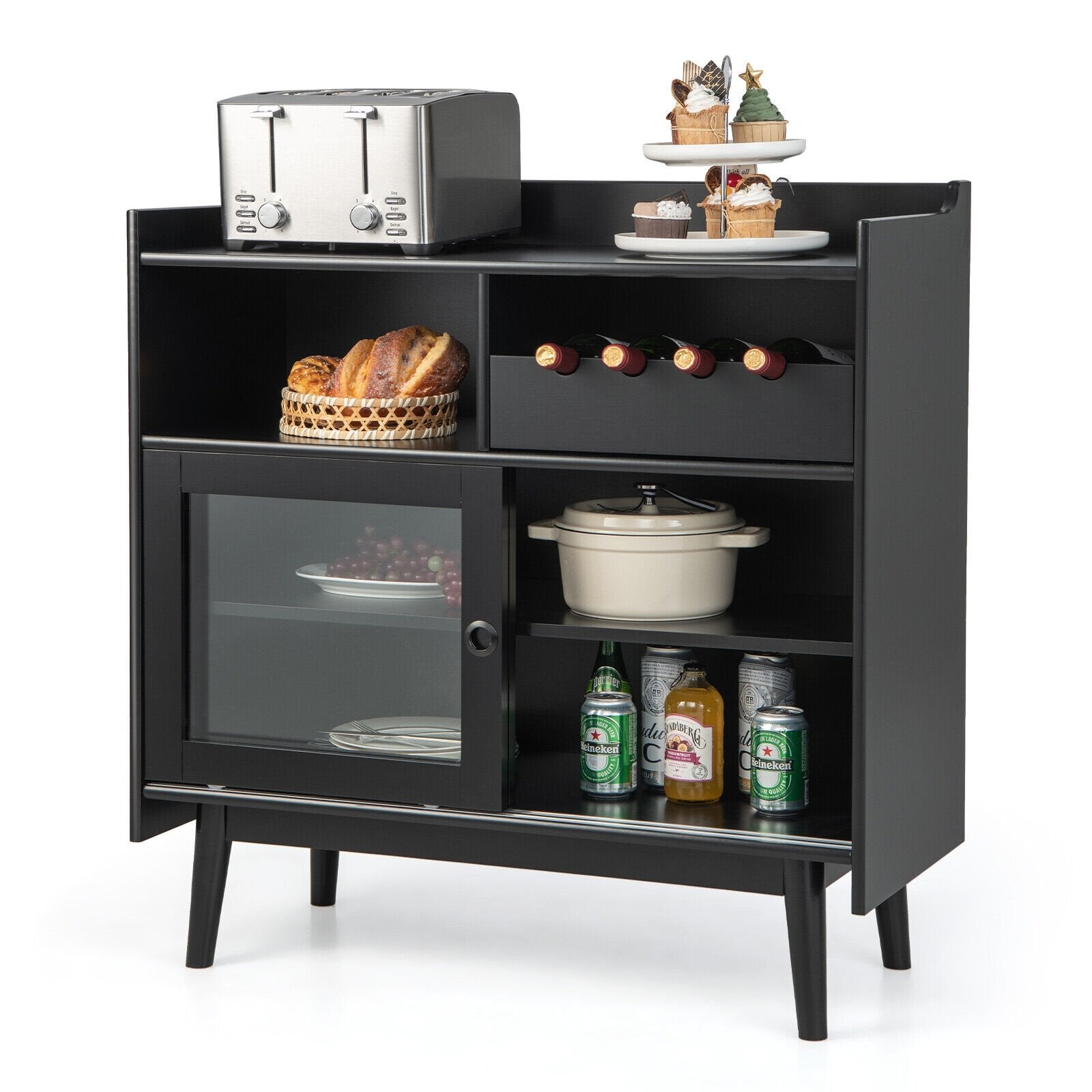 Kitchen Buffet Sideboard with Wine Rack and Sliding Door, Black Sideboards Cabinets & Buffets   at Gallery Canada