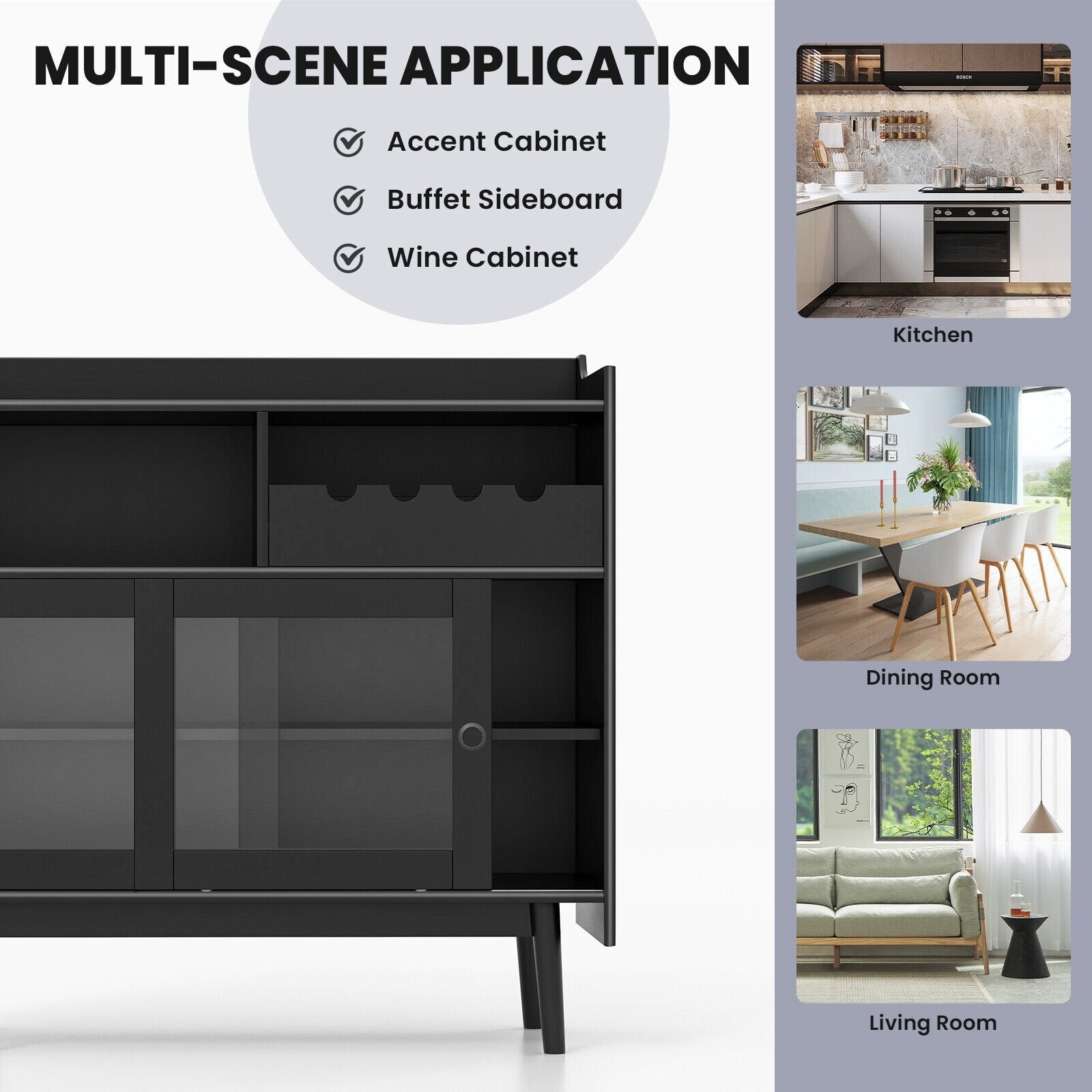 Kitchen Buffet Sideboard with Wine Rack and Sliding Door, Black Sideboards Cabinets & Buffets   at Gallery Canada