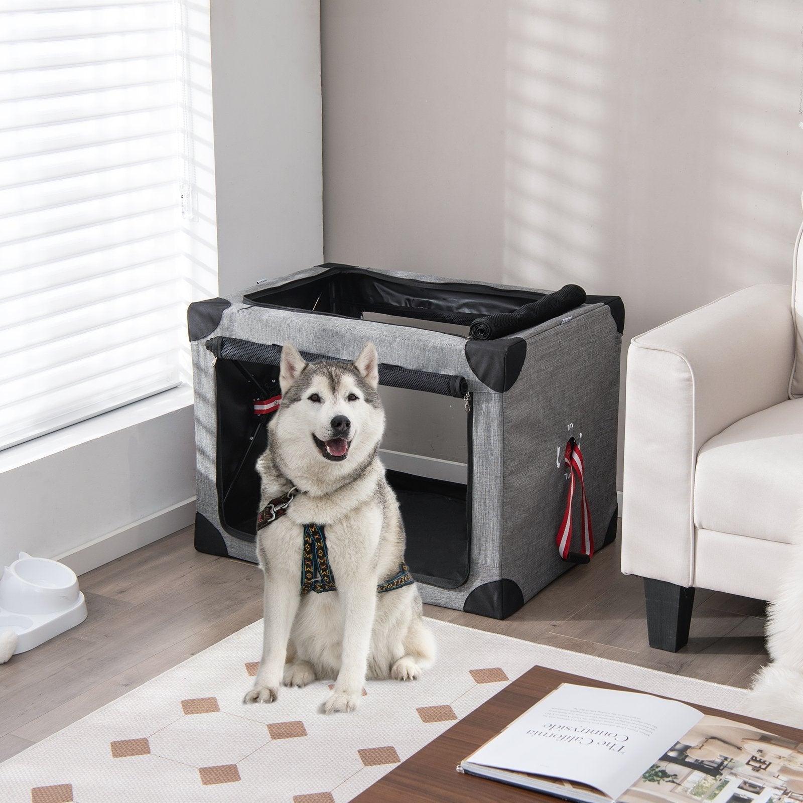 M/L/XL 3-Door Dog Crate with Removable Pad and Metal Frame-L, Gray Dog Supplies   at Gallery Canada