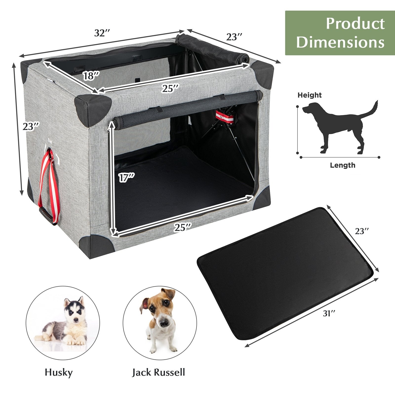 M/L/XL 3-Door Dog Crate with Removable Pad and Metal Frame-L, Gray Dog Supplies   at Gallery Canada